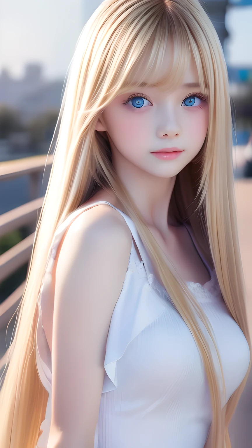 highest quality、Ultra-high resolution、(Photorealistic:1.4)、(ulzzang-6500:1.0)、Blonde super long straight silky hair、Very beautiful bright and shining pale sky blue big eyes、bangs over eyes、