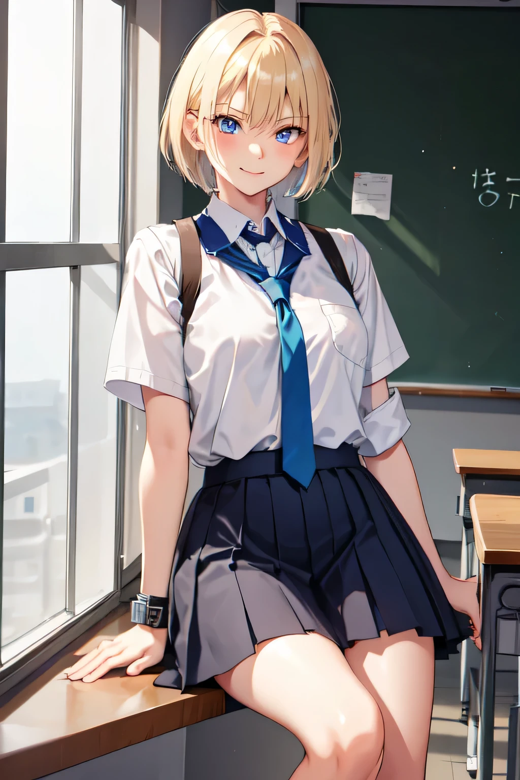 1girl,18y.o,blue eyes,blonde hair,mullet haircut,short hair,senior highschool outfit,medium  size,classroom background,an annoyed smile