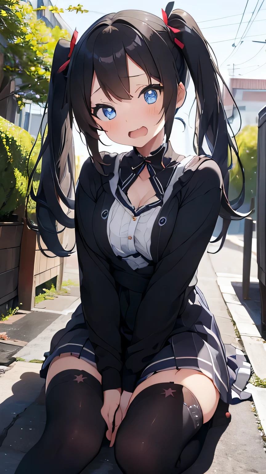 beautiful, masterpiece, highest quality, HiqCG Body, anime, 1 Girl, (Small breasts:1.2), Portrait Shot, View your viewers, Wet Skin, Intricate details, small, Her eyes were shining like dreamy stars.(Shining Eyes:1.3),(Beautifully detailed eyes:1.1)、[[Delicate fingers and hands:0.55]::0.85],(Detailed reference),(Thick Hair, Blue eyes、Big eyes、Twin tails、ta、Young face、Childlike)、(Black High Knee Socks:1.3)、Big Laugh、Laughing with your mouth open、Cleavage、(Disarray of clothing:1.6)、Enchanting、cute、Erotic pose,whole body、mini skirt,Leaning forward,Zoom in,outside,Loli