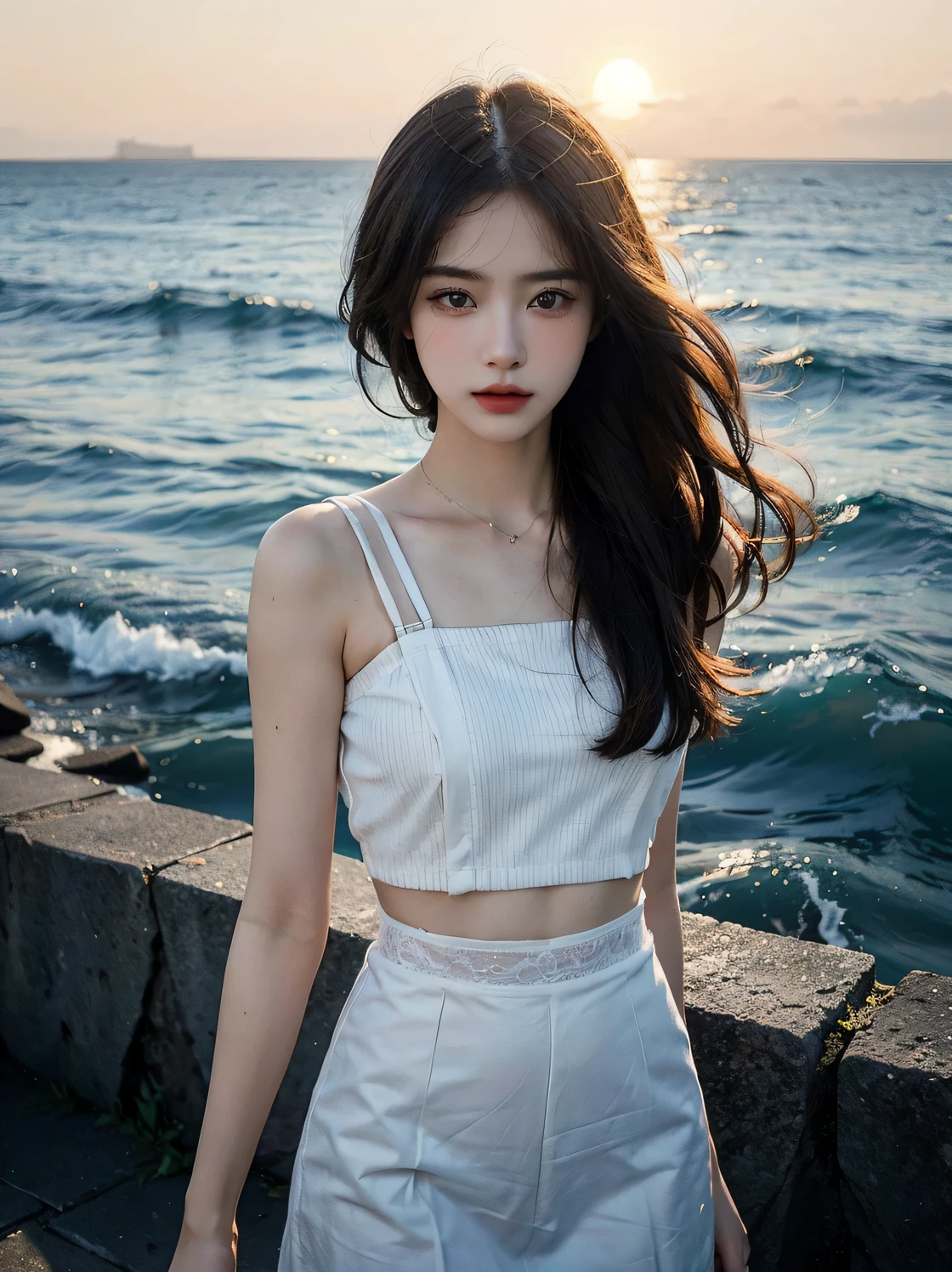 1girl, (looking at viewer:1.2), detail face, (a girl standing, rending on , black shadows, sun falling and sea backdrop，White suspender skirt), romanticism, atmospheric, (RAW photo, best quality), (realistic, photo-realistic:1.3), masterpiece, an extremely delicate and beautiful, extremely detailed,
