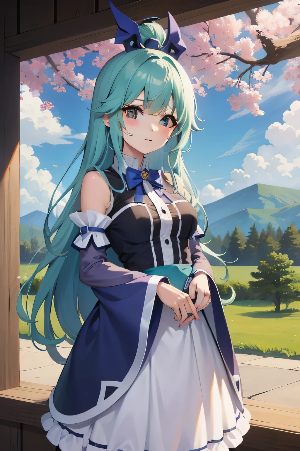 ​masterpiece, top-quality, Princess_aqua_Konosuba, Purple and white dress, Black eyes, Light blue long hair、 standingn, (borgar: 1.1), ​​clouds, Landscape of autumn leaves