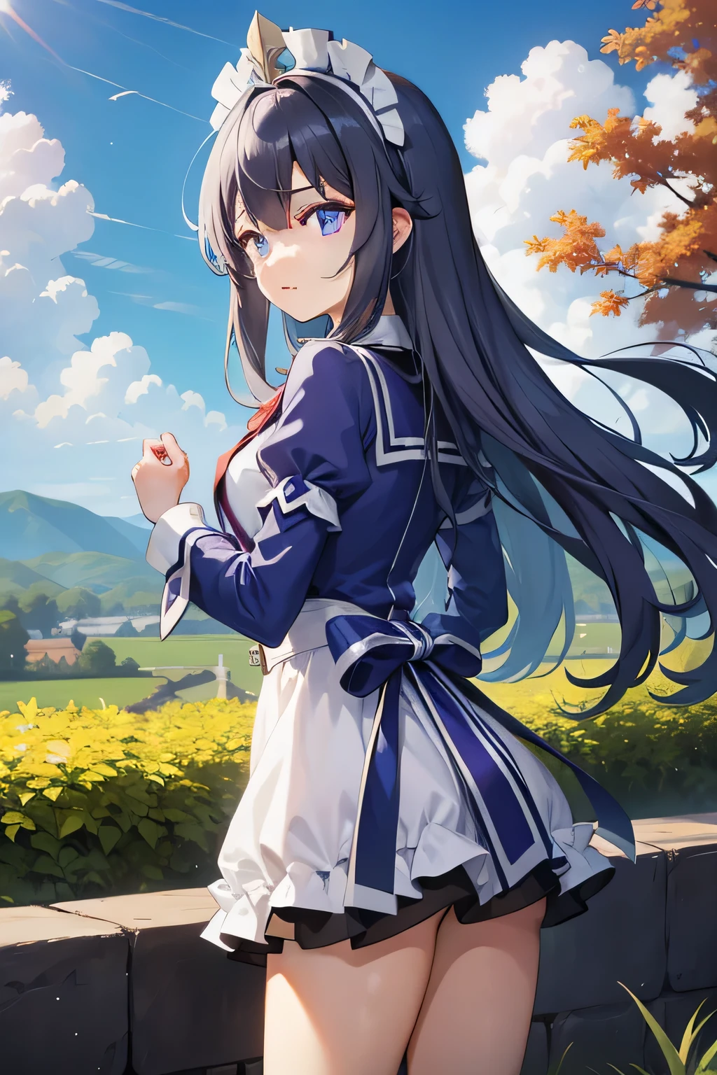 masterpiece, top-quality, Princess_aqua_Konosuba, Purple and white dress, Black eyes, Light blue long hair、 standingn, (borgar: 1.1), clouds, Landscape of autumn leaves