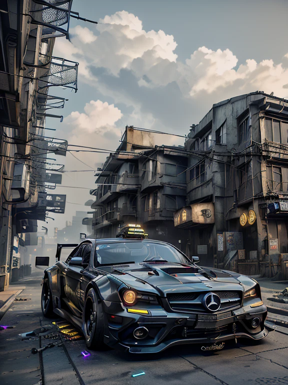 Mercedes, ,Exotic Cyberpunk, 4K, HDR, Rendering, masterpiece, Ray Tracing, cyberpunk scene, Black car, Neon, drifting, carbon, futurist, neon, night, Back Wave