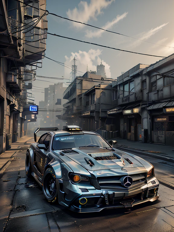 Mercedes, ,Exotic Cyberpunk, 4K, HDR, Rendering, masterpiece, Ray Tracing, cyberpunk scene, Black car, Neon, drifting, carbon, futurist, neon, night, Back Wave