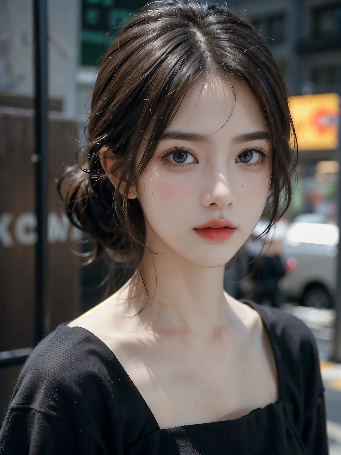 1girl, (looking at viewer:1.2), detail face, (a girl standing, rending on cgsociety, black shadows, streaming, new york backdrop), romanticism, atmospheric, (RAW photo, best quality), (realistic, photo-realistic:1.3), masterpiece, an extremely delicate and beautiful, extremely detailed,