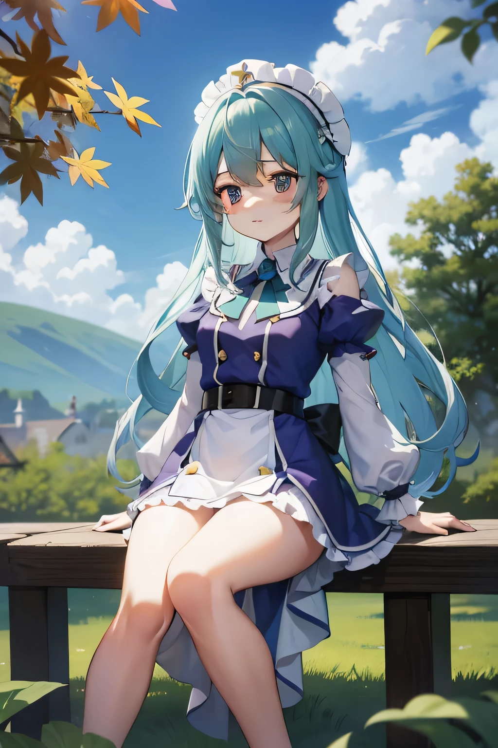 ​masterpiece, top-quality, Princess_aqua_Konosuba, Purple and white dress, Black eyes, Light blue long hair、 standingn, (borgar: 1.1), ​​clouds, Landscape of autumn leaves