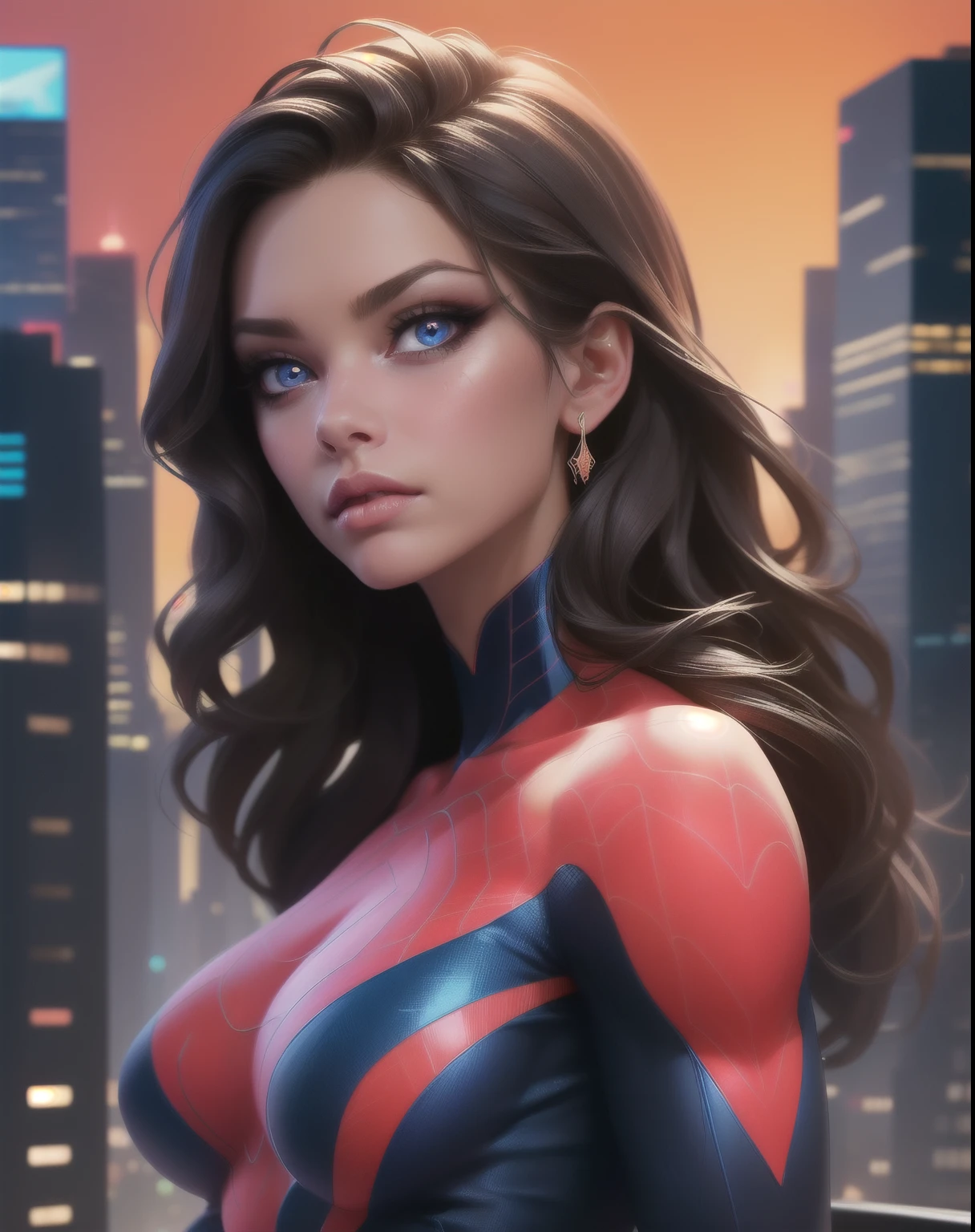 (best quality,ultra-detailed,realistic:1.37),portraits,Spiderwoman,beautiful detailed eyes,beautiful detailed lips,extremely detailed eyes and face,longeyelashes,red and blue costume,fierce expression,night scene,city skyscrapers,web-slinging,marvelous web patterns,vivid colors,sharp focus,studio lighting