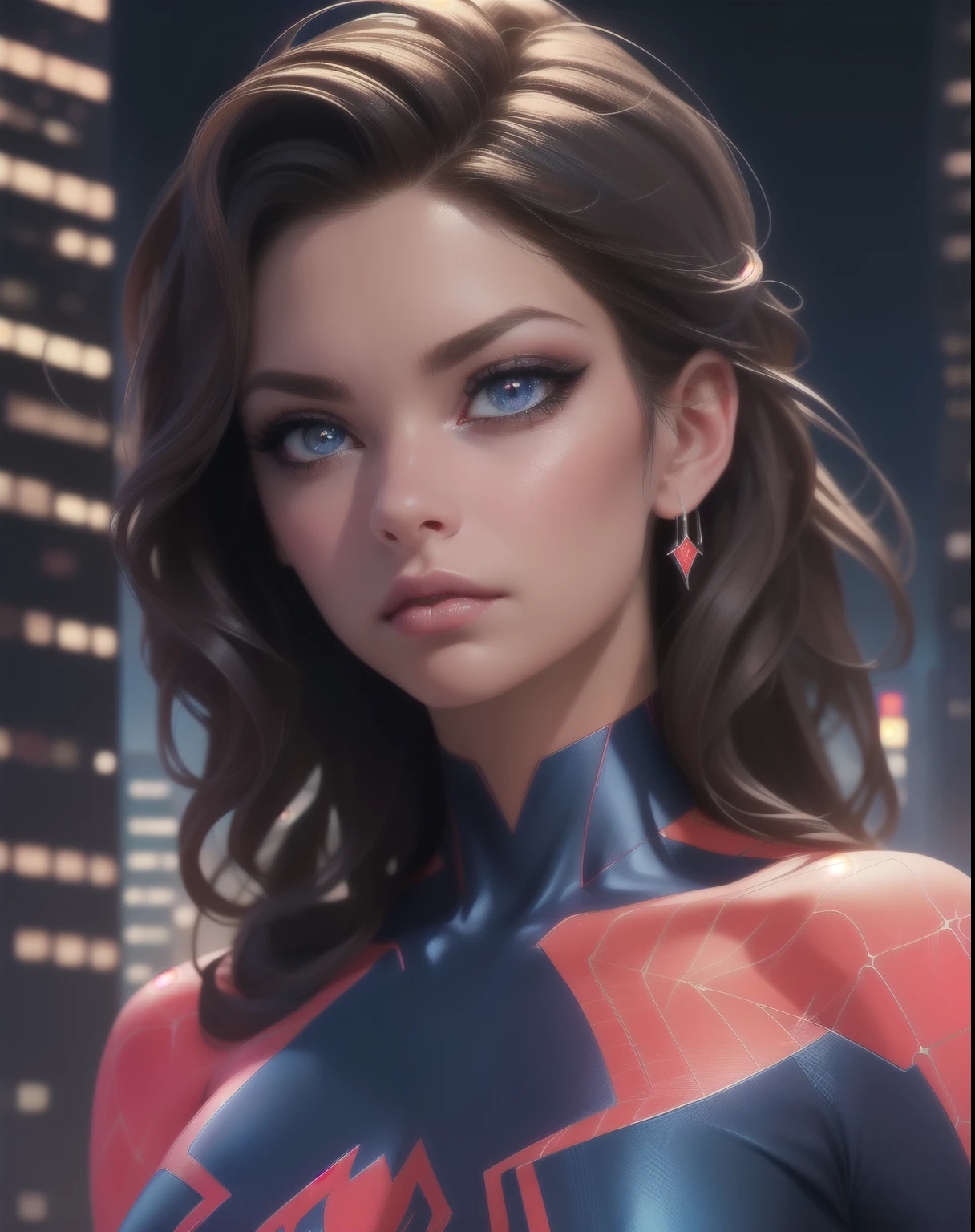 (best quality,ultra-detailed,realistic:1.37),portraits,Spiderwoman,beautiful detailed eyes,beautiful detailed lips,extremely detailed eyes and face,longeyelashes,red and blue costume,fierce expression,night scene,city skyscrapers,web-slinging,marvelous web patterns,vivid colors,sharp focus,studio lighting