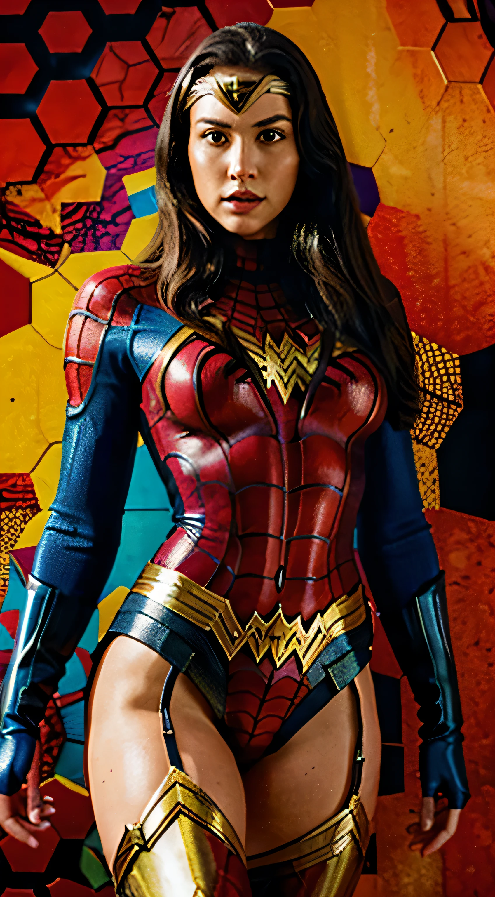 Wonder Woman in Spider-Man, masterpiece, best quality, abstract, psychedelic, neon, (honeycomb pattern), (creative:1.3), sy3, SMM, fantasy00d