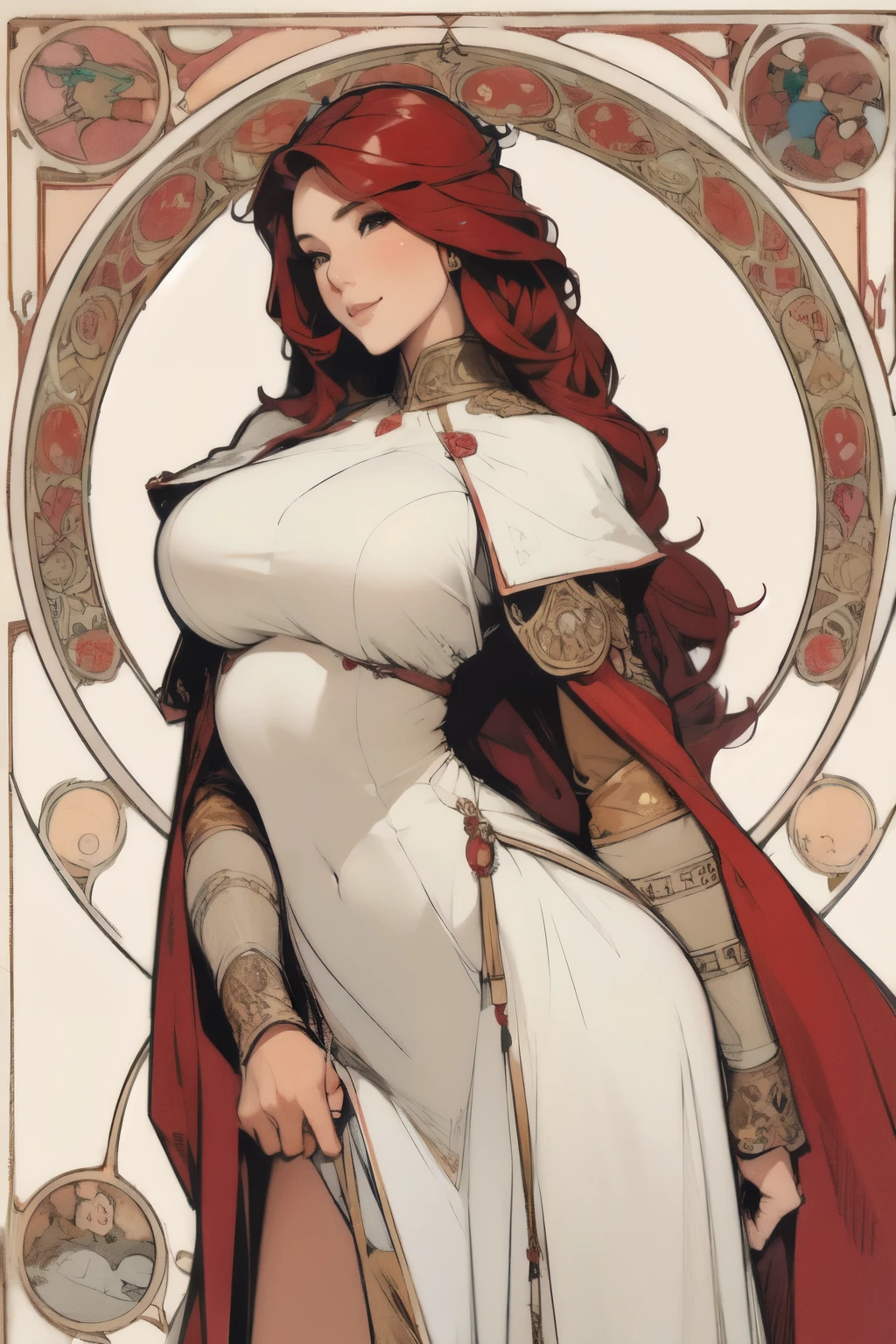 Big-breasted girl with a full view of her pussy,Sexy poses,Arcaniic smile,red hair,background white,(Medieval soldier),(Mucha in the background)