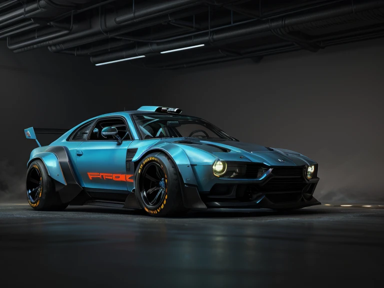 A 3/4 Front view ((futuristic cyberpunk hotrod zeekars)) (Tire glow), In the parking lot,