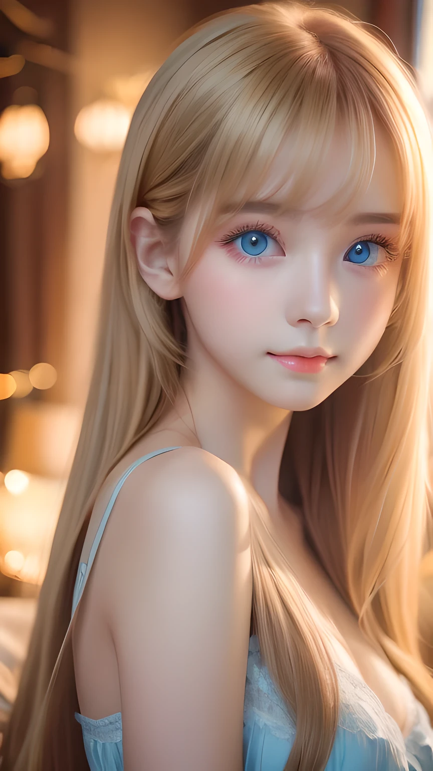 highest quality、Ultra-high resolution、(Photorealistic:1.4)、(ulzzang-6500:1.0)、Blonde super long straight silky hair、Very beautiful bright and shining pale sky blue big eyes、bangs over eyes、