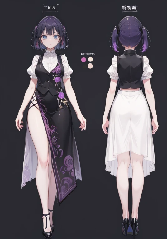 ((Perfect Face)),Purple Hair,,woman,,,Black vest,,slit,skirt,High heels,,((Simple light color background)),((smile)),((Full Body)),((full body)),Character portrait,Character sheet,upright,