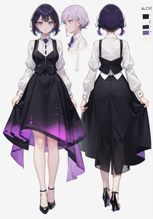 ((Perfect Face)),Purple Hair,,woman,,,Black vest,,slit,skirt,High heels,,((Simple light color background)),((smile)),((Full Body)),((full body)),Character portrait,Character sheet,upright,