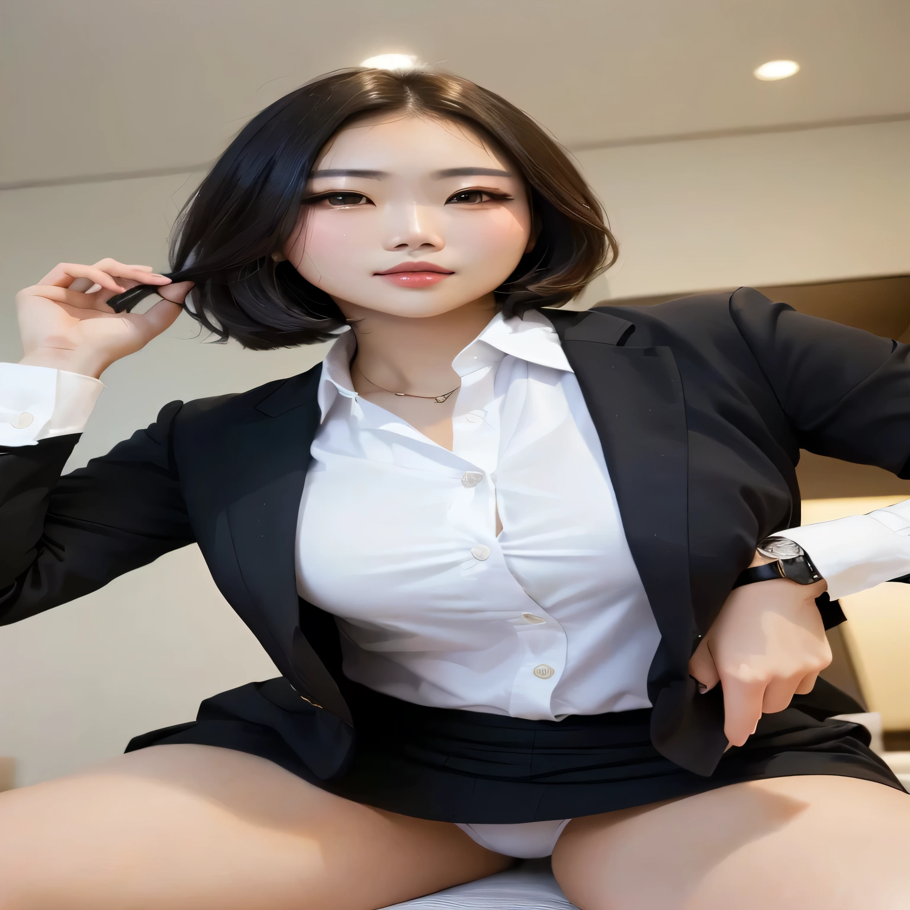 arafed asian woman in a black suit and white shirt posing, beautiful south korean woman, wearing business suit, korean woman, with short hair, korean girl, wearing a business suit, wearing a strict business suit, gorgeous young korean woman, girl in a suit, girl in suit, korean women's fashion model, beautiful young korean woman, in a business suit
