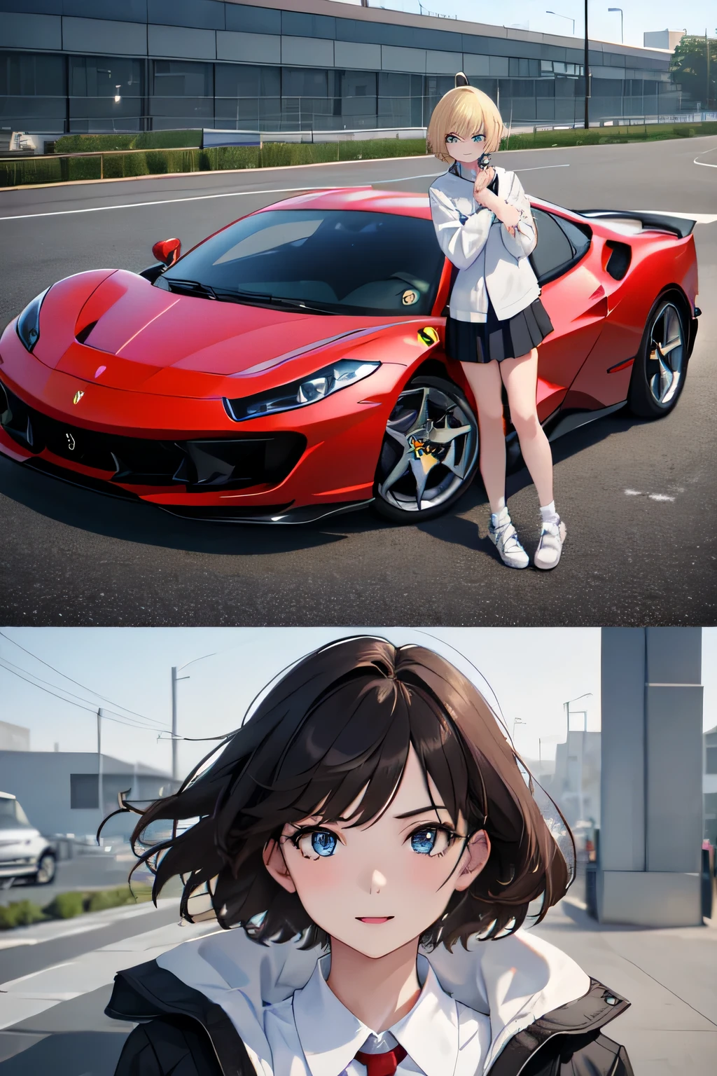 1girl with car ferrari F480,18y.o,blue eyes,blonde hair,mullet haircut,short hair,senior highschool outfit,medium size,car parking background,happy expression