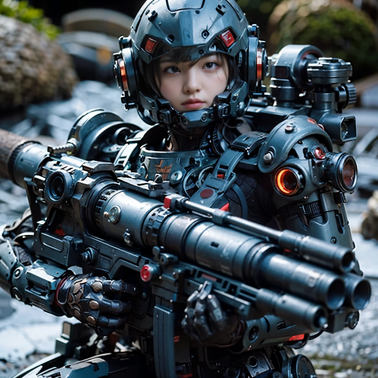 (masterpiece, best quality:1.2), (8k uhd, 16k, 32k, ultra high res), (photorealistic:1.37), (RAW photo), ultimate-realistic, ultimate-realistic details, ultimate-realistic texture, ultimate-intricate details, ultimate-realistic lighting, ultimate-realistic shadow, japanese girl, ultimate-cute face, ultimate-RAW skin, ultimate-realistic eyes, woman in powered suit, cannon mounted on shoulder, very cute face, mechanical, extremely intricate details, full body shot, ultimate photorealistic, clear stream