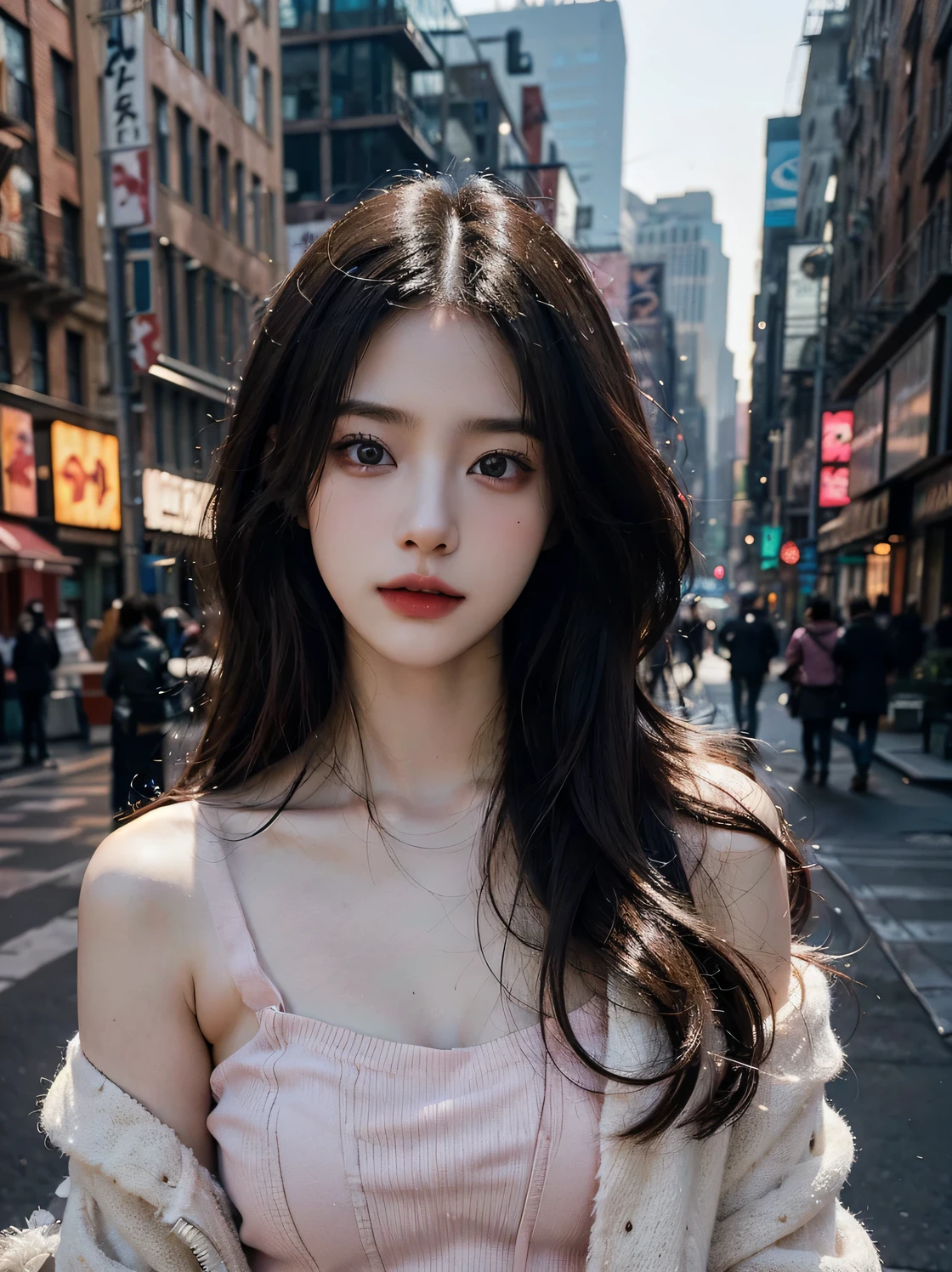 1girl, (looking at viewer:1.2), detail face, (a girl standing, rending on cgsociety, black shadows, streaming, new york backdrop), romanticism, atmospheric, (RAW photo, best quality), (realistic, photo-realistic:1.3), masterpiece, an extremely delicate and beautiful, extremely detailed, Pink tube top,Wearing a translucent flesh-colored silk coat