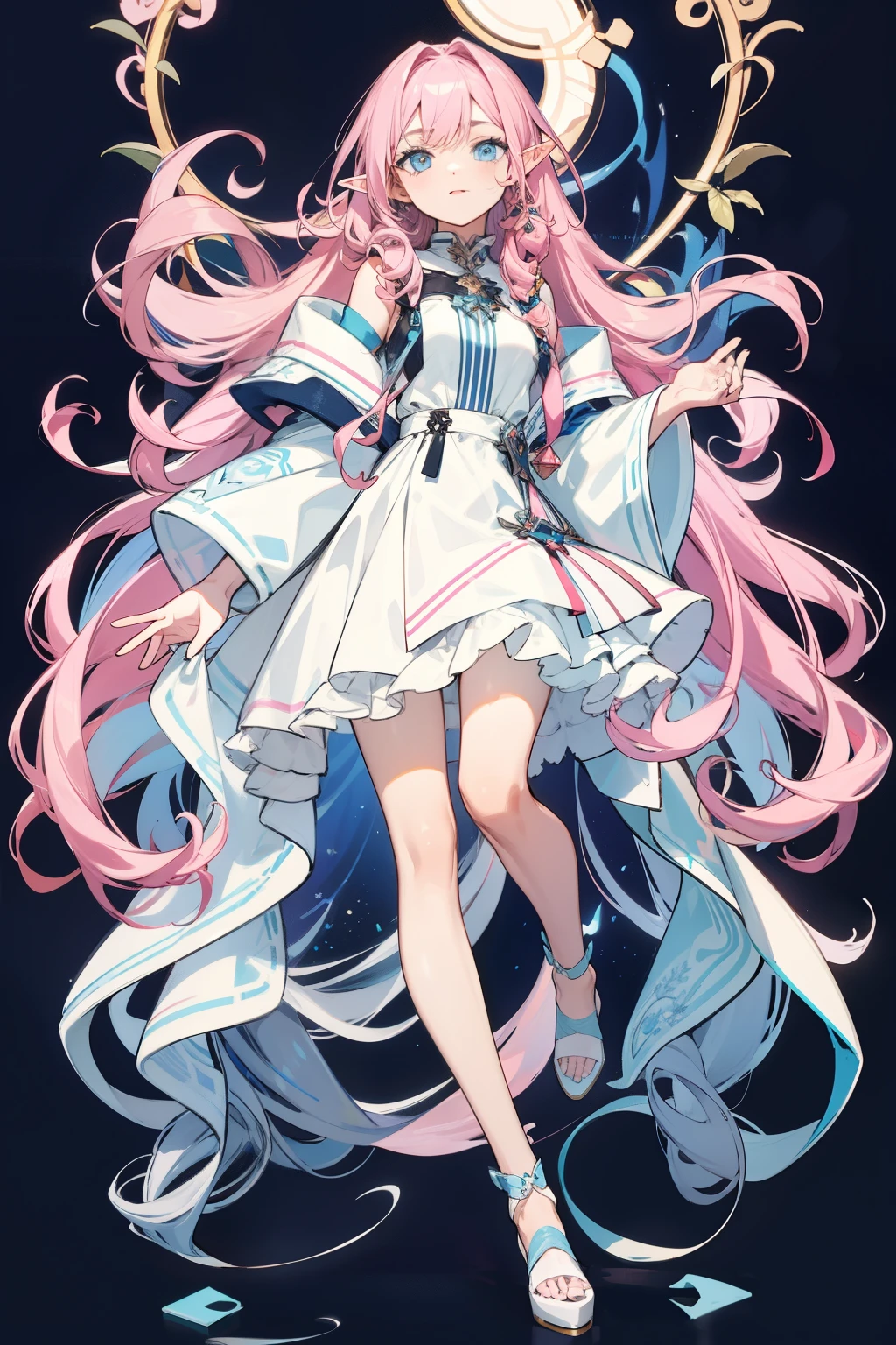 Long light pink slightly curly hair,light blue eyes,elf ears, bordered full body portrait