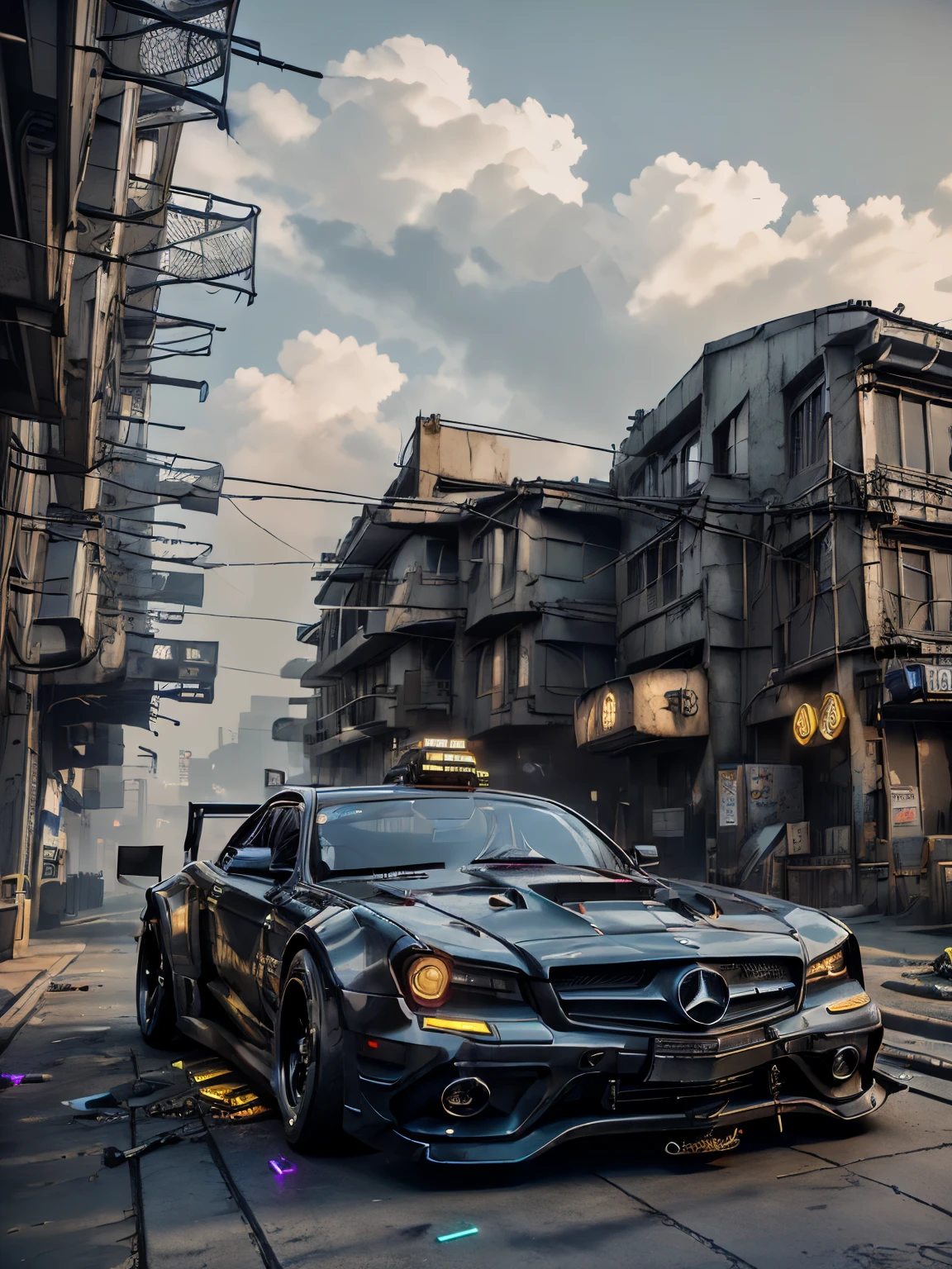 Mercedes, ,Exotic Cyberpunk, 4K, HDR, Rendering, masterpiece, Ray Tracing, cyberpunk scene, Black car, Neon, drifting, carbon, futurist, neon, night, Back Wave