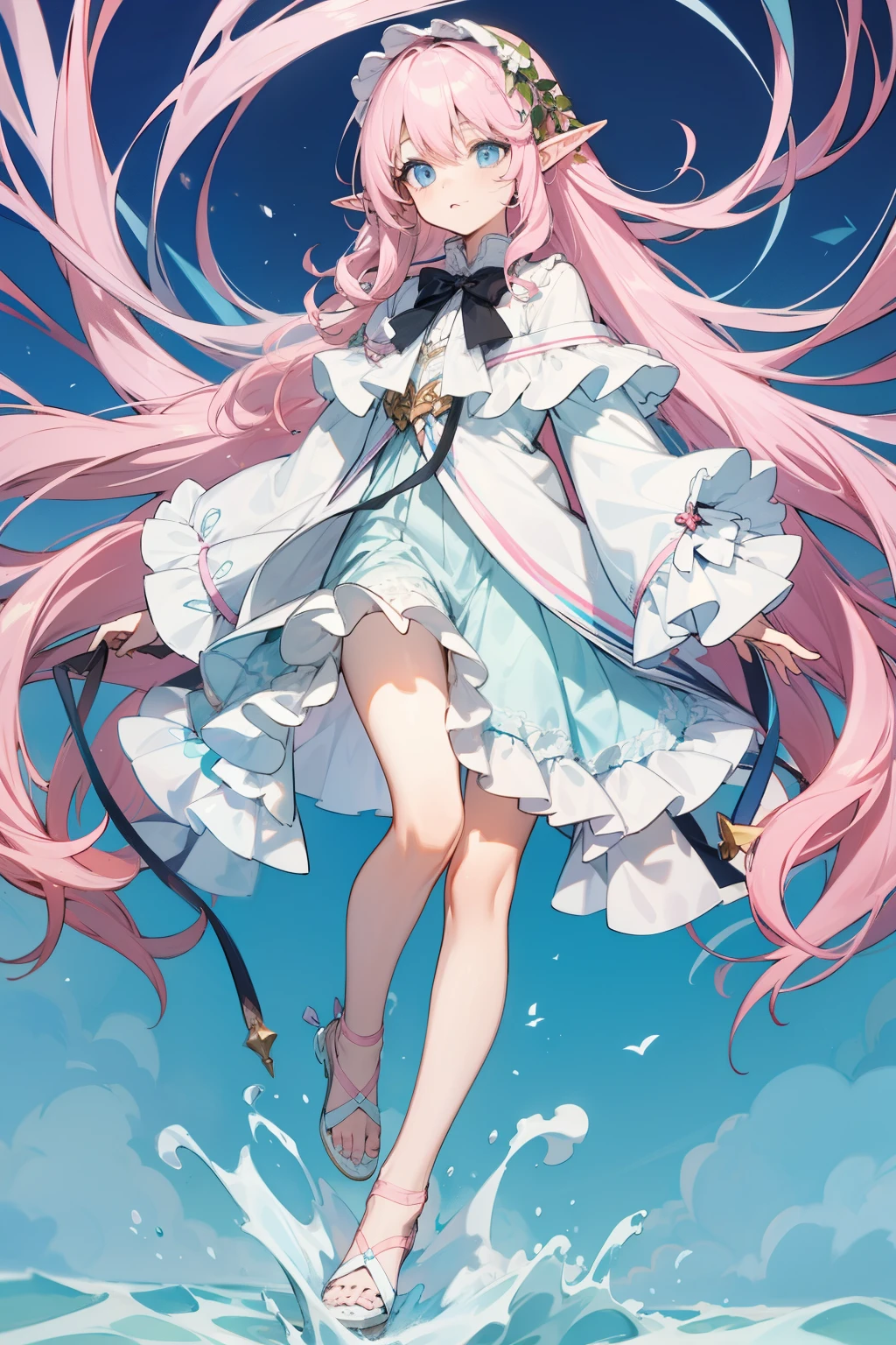Long light pink slightly curly hair,light blue eyes,elf ears