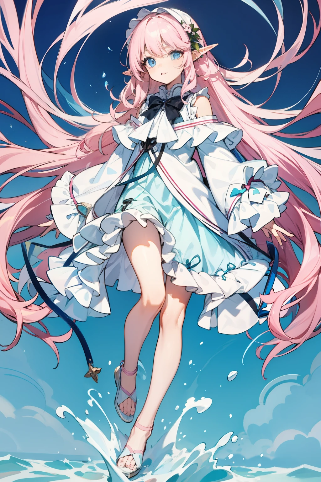 Long light pink slightly curly hair，light blue eyes，elf ears