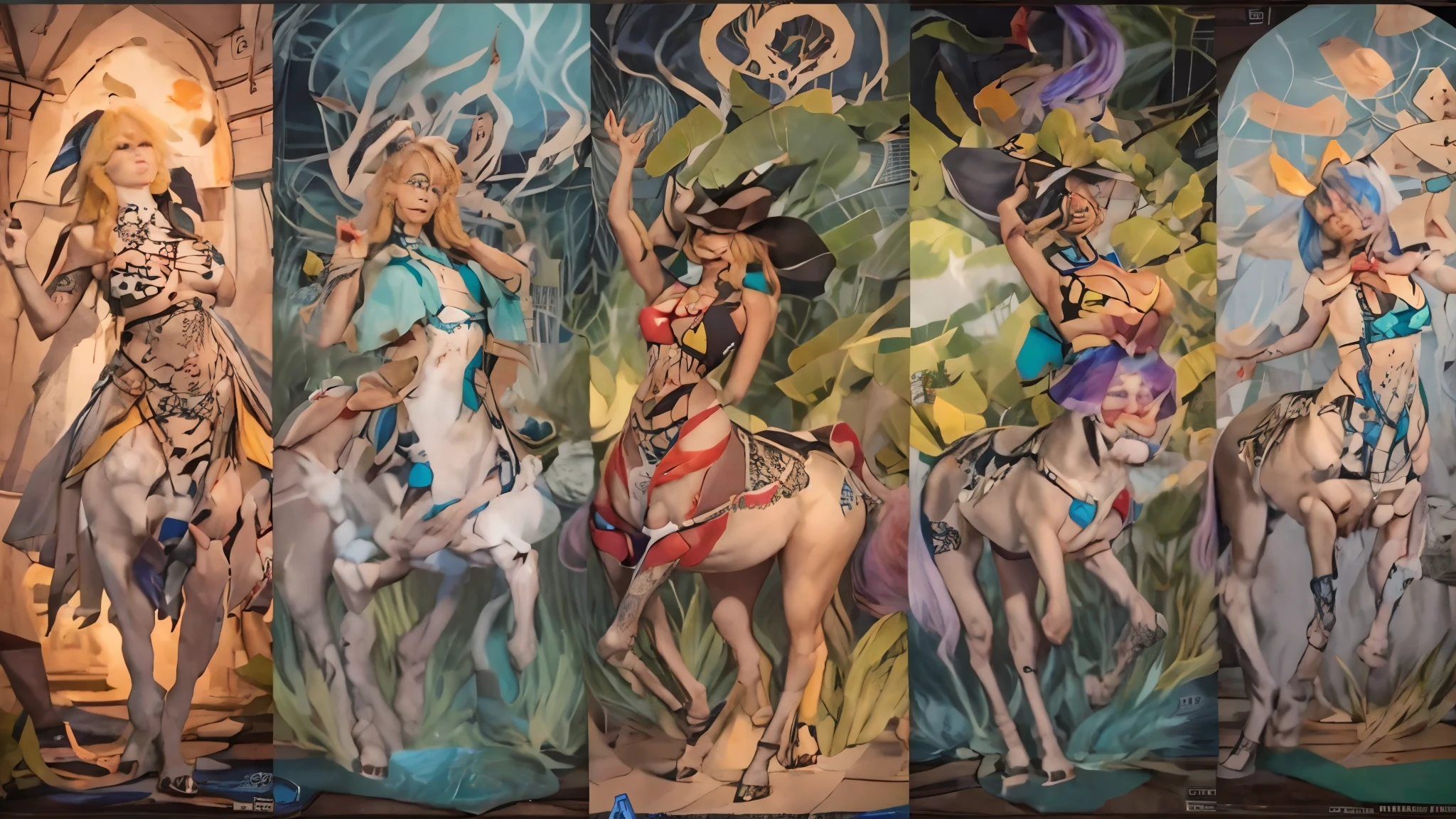 In the beautiful illustration of this super-grand scene,The ultra-distant lens shows us(More than eight distinctive Centaur characters:9.9),they,Fun and vibrant。from(A radiant angelic centaur from the celestial realm:6.6),arrive(A centaur surrounded by nightmarish flames:6.6)、再arrive(A fairy centaur dancing in the air:6.6)、再arrive有(Unicorn centaur surrounded by lightning:6.6),arrive(Mechanical style centaur with a metallic glow:6.6)、再arrive(Powerful colorful dragon scale centaur:6.6)、再arrive(Graceful and agile elf centaur slenderness:6.6)Gracefully wears a flower crown、arrive(Enchanting and charming Tiflin centaurs:6.6)、再arrive(A succubus centaur with an indescribably sexy feeling:6.6)。Each character has their own unique charms and abilities。The illustration uses advanced artistic techniques and tools,(Use nesting、Weaving、Splicing、perspective、arrangement、grouping、Storyboards and other methods,通过几何arrangement将场景分为不同部分:9.9),Each section corresponds to a centaur character,from而更有效地利用了空间。Through Midjourney's advanced brush tools、Color palette、Material packs和模型包、Texture tools,For each centaur, beautiful props are designed to increase racial characteristics、Clothing and physical features,(Enhances the character's personality and visual appeal:2.5),The scenery in the illustrations is stunning,There are changing skies、rainbow、aurora、Stars and Moon。Incorporating iconic landmarks such as Mount Everest,and fireworks、Tranquil Lake、Natural and urban elements of waves and neon lights,Creates a magical atmosphere,The centaurs display their unique abilities and equipment in a variety of environments,This is true even in extreme alien landscapes。(Use Midjourney's tools、Material packs、Texture tools、The color palette makes depicting details vivid and realistic:9.9),from复杂的发型和以及不同的种族特质、Body、Appearance features、服装arrive真实的纹理,This greatly enhances the realism of the characters and surroundings,The fusion of multiple art styles adds movement to the centaur's movement at all angles,The overall visual experience is further enriched。The final illustration was described as a "masterpiece",It has the characteristics of "best quality" and "realistic",The details put into the creative process are shown、Level of creativity and craftsmanship。 hdr,(Reality,Masterpiece quality,Best quality),
