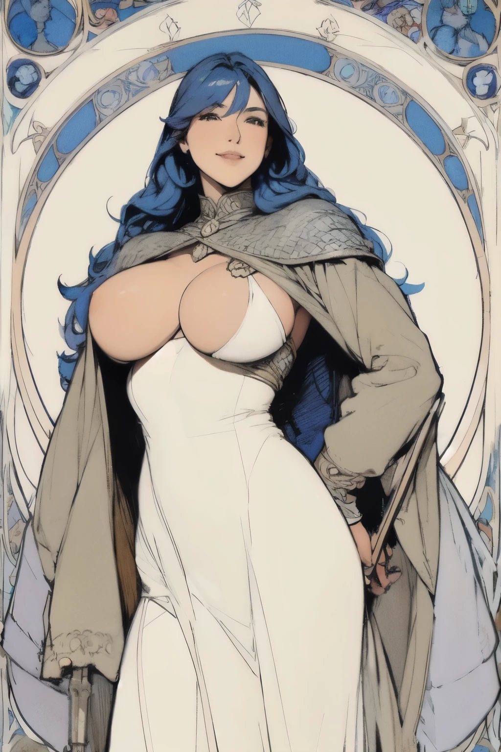 Big-breasted girl with a full view of her pussy,Sexy poses,Arcaniic smile,blue hair,background white,(Medieval soldier),(Mucha in the background)