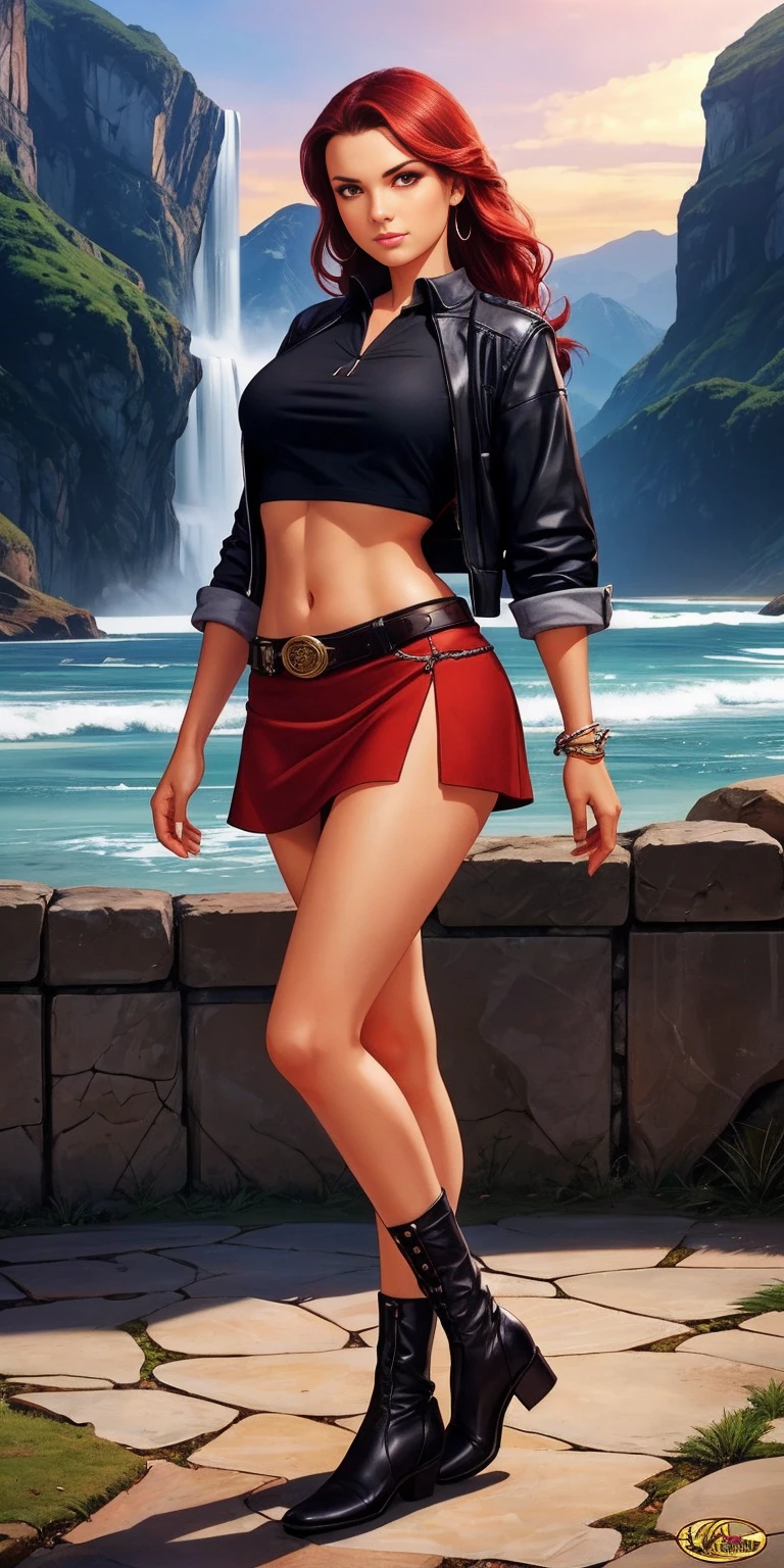 2girls, crop top, miniskirt, red hair, black hair, full body shot, lesbian, romance, clyde caldwell