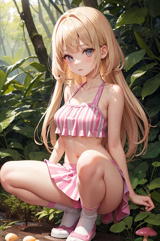 1girl, cute, slender, round face shape with angular jaw, blonde with bangs, grey eyes, swimsuit top, picking wet pink colorful mushrooms in a celestial forest, sunshine, stripe socks, pink skirt, windy