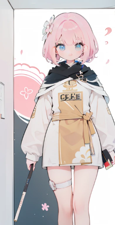 Papel de parede de anime bidimensional，Cabelo longo rosa claro，franja, destaques, (hair destaques effect), (sobrancelha), (Nariz), (orelha), (boca), (lips)，Cherry Blossom Hair Accessories ，garota，Estilo de gravata branca de manga curta , peito grande, cintura, pernas grossas, coxa grossa，The arm is wrapped in a bandage，Minissaia cinza claro，Bandages wrapped around your head，average build，Hair is a little messy ，With a monotonous expression，uma paleta de cores quentes