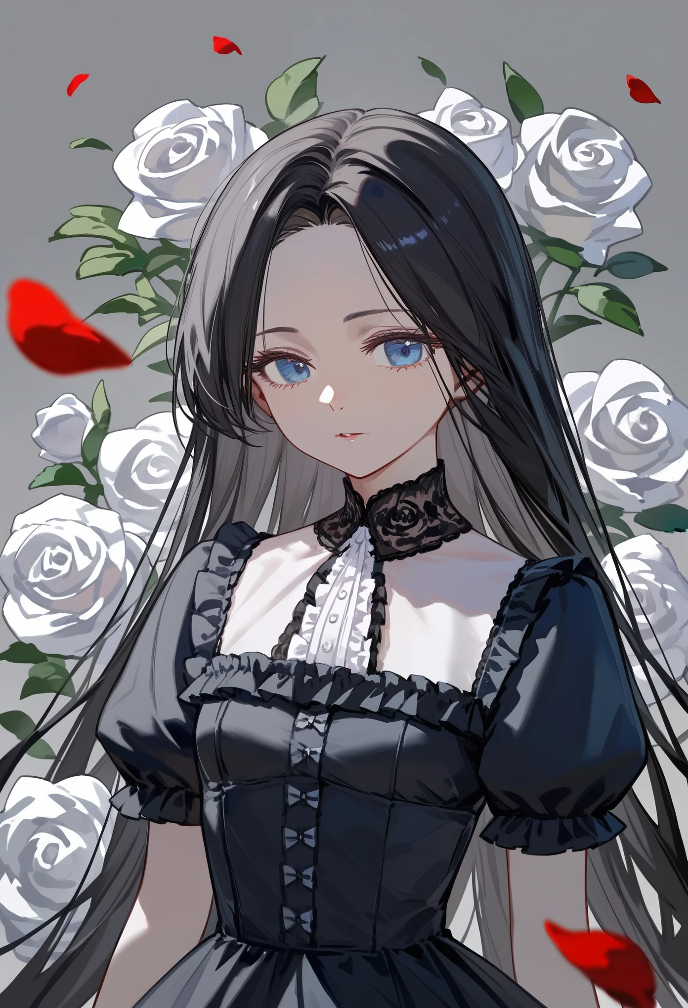 masterpiece, best quality, upper body, score_9, score_8_up, score_7_up, front, 1girl, solo, black hair, long hair, parted bangs, dark blue eyes, innexpressive, pale skin, small breasts, standing, upper body, victorian fashion, black dress, frilled dress, short sleeves, white rose petals, gray background, best quality
