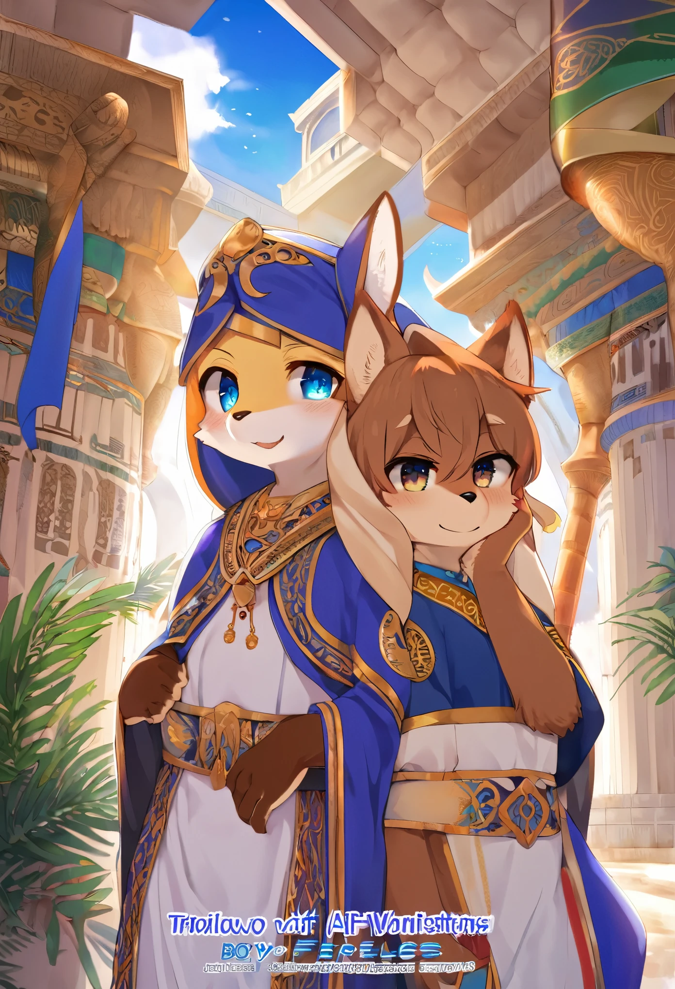 doujinshi cover_page, highres, top quality, best quality, paid reward available, unparalleled masterpiece, perfect artwork, absurdres, High-quality illustrations, super high resolution, detailed background, perfect anatomy(1girl, 1boy, couple, kemono, furry anthro, fearless smile, Arab national costume)The Arabian Nights, Alf Laylah wa Laylah,
