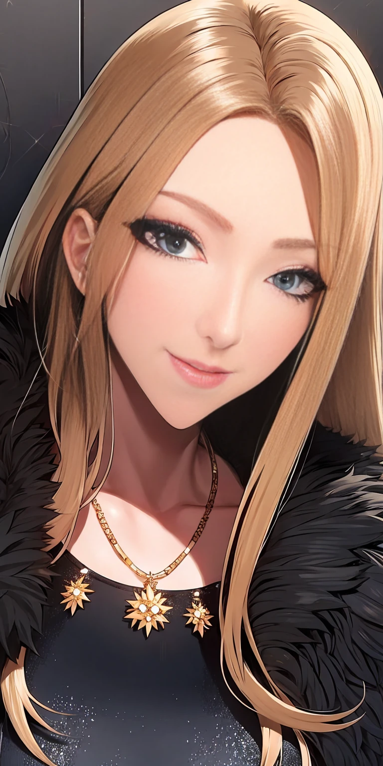 Golden long hair,blue eyes,White dress,black stockings,white high heels,jewelry necklace,fur coat, portrait