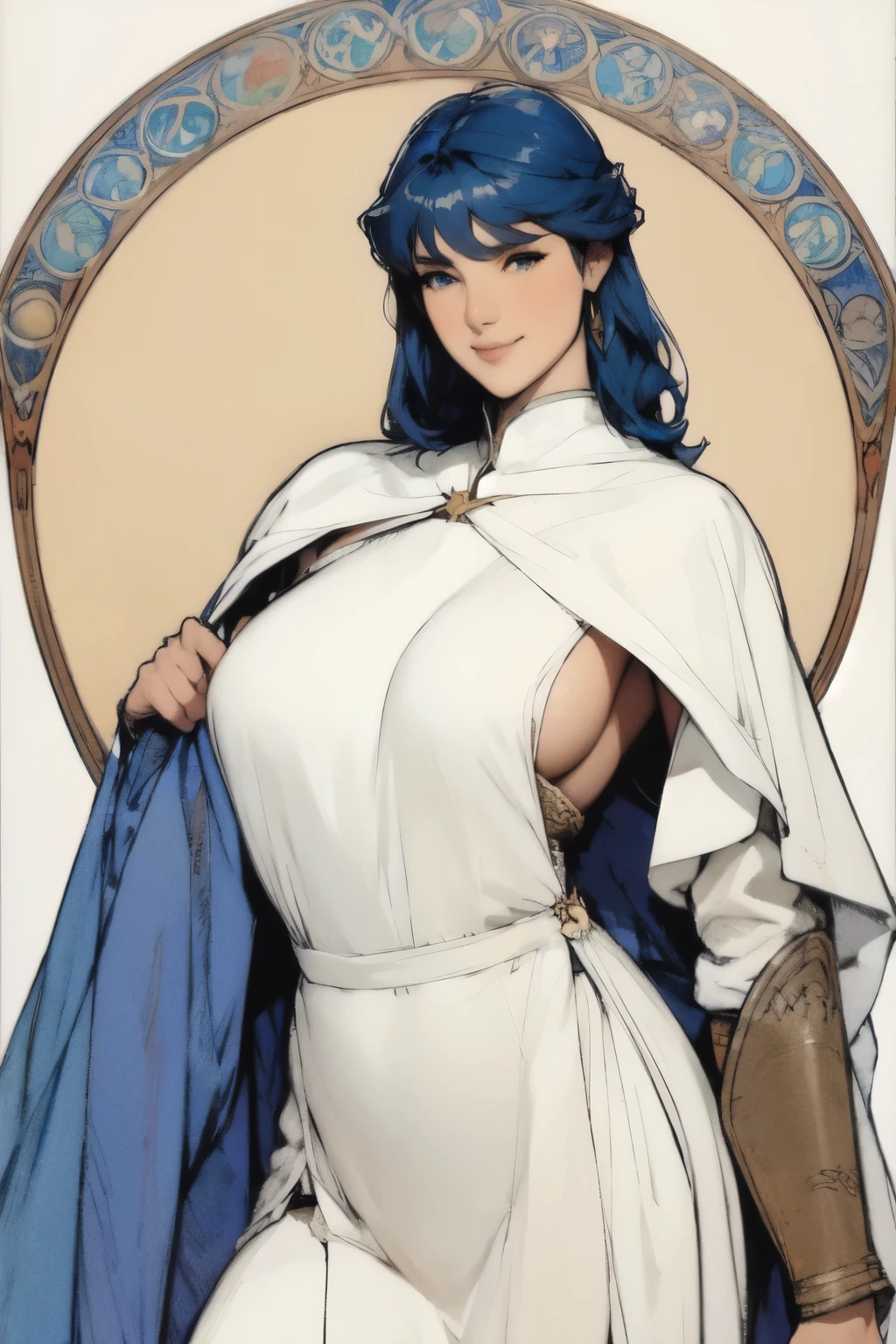 Big-breasted girl with a full view of her pussy,Sexy poses,Arcaniic smile,blue hair,background white,(Medieval soldier),(Mucha in the background)