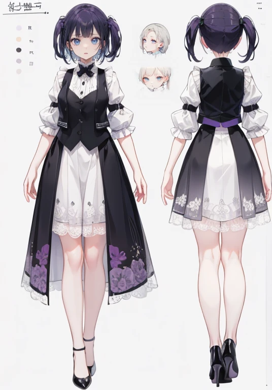 ((Perfect Face)),Purple Hair,,woman,,,Black vest,,slit,skirt,High heels,,((Simple light color background)),((smile)),((Full Body)),((full body)),Character portrait,Character sheet,upright,