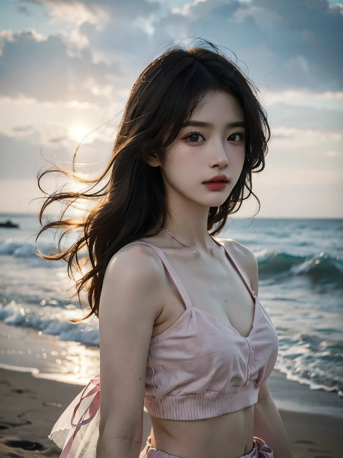 1girl, (looking at viewer:1.2), detail face, (a girl standing, rending on , sun falling and beach backdrop，（D cup，Cleavage，Pink translucent tube top，), romanticism, atmospheric, (RAW photo, best quality), (realistic, photo-realistic:1.3), masterpiece, an extremely delicate and beautiful, extremely detailed,