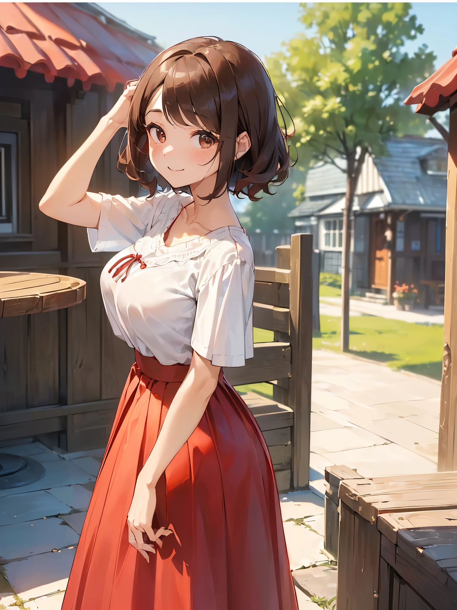 (((Red long skirt:1.3))),(((Highest quality、High resolution、masterpiece、Perfect human body)))、(((Cowboy Shot)))、(((One Woman、8 heads、clavicle:1.3、Brown Hair:1.3、Wavy Hair:1.3、Bobcut:1.3、Sweep your bangs to the side:1.3、Round eyes、Beauty:1.3、smile、Flushing:1.3、Large breasts、Big butt、White short sleeve blouse:1.3、Commemorative photo taken in front of the inn、Country inn)))