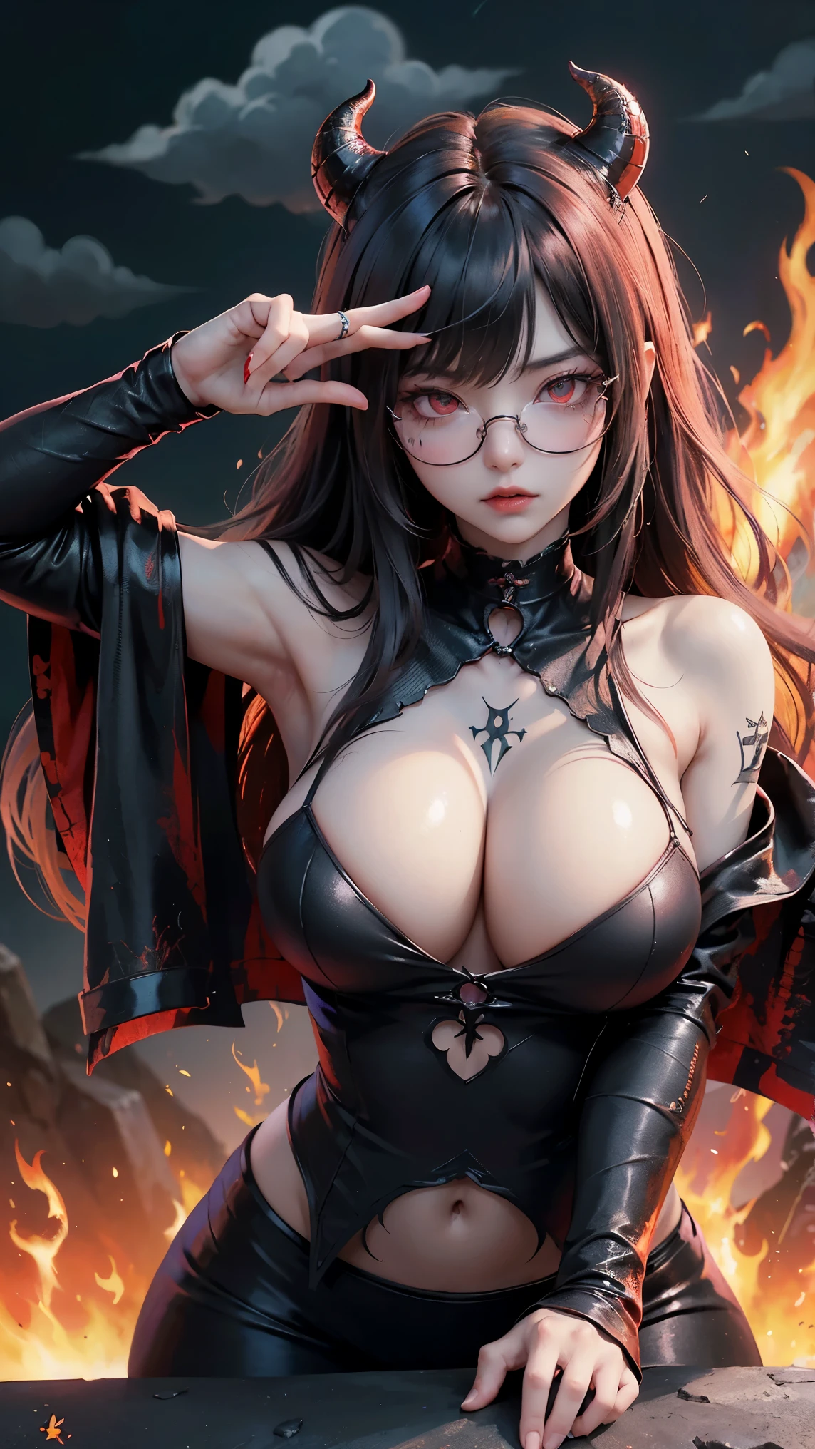 (highest quality,High resolution:1.2),(dark,Threatening:1.1),(Bad luckな:1.1),(devil,Satan,Lucifer:1.1),(devilish:1.1),(Bad luck,Bad luckな:1.1),(Powerful figure:1.1、Big Breasts、Glasses) 、 ((((Huge glasses, Nerd Glasses, thick glasses, Round Glasses)))),(((Big Breasts)))、(devil'tail)、(Red eyes shine:1.6)、(Red glowing eyes,Sharp teeth:1.1),(Black wings,thick,shabby:1.1),(hellish landscape:1.1),(fire,sulfur:1.1),(Threatening atmosphere:1.1),(dark shadows,Threatening presence:1.1),(Bad luck clouds,Stormy Skies:1.1),(dark,Spooky atmosphere:1.1),(Bad luck aura,Evil energy:1.1),(dark aura,cigarette:1.1),(intense heat,Burning Flames:1.1),(Surreal,Nightmare Visions:1.1),(Predicting the end:1.1),(Twisted corners,Fiery crown:1.1),(Bad luck whispers,devilish laughter:1.1),(Cry of pain,echoing screams:1.1),(Bad luck symbols,Ancient runes:1.1),(Mysterious Relic,dark artifacts:1.1),(Infernal Ritual,Ritual sacrifice:1.1),(devilish minions,creatures of darkness:1.1),(Desolate,Barren Wilderness:1.1),(University of the Soul,soul of suffering:1.1),(Eternal Damnation,A hopeless existence:1.1),(final fall,The world was in chaos.:1.1),(malicious presence,darkness personified:1.1),(Entrance to the underworld,Nightmare Realm:1.1), got it, Beautiful and delicate face, got itですか, Beautiful and delicate eyes, perfectly balanced face, High resolutionスキン, Fine skin, Optimal ratio of four fingers to one thumb, Place your arms under your chest, Red tattoo on lower abdomen、oh!, Wide Hips, Smooth abdomen, thin, Pale skin, __fashion__, __hair__:1.25)、Digital single-lens reflex camera、 Absurd、(Tabletop: 1.3), (Maximum resolution: 1.2), (Ultra HDTV: 1.2), Cinematic Light, Beautiful Eyes and skin, detailed facial features, , (Sharp focus: 1.2), (Focus on the face:1.2),Perfect Style, Beautiful Face, Acura, Anatomically correct, Highly detailed face and skin texture, Beautiful Eyes, double eyelid, thin eyebrows, Glitter Eyeliner: 1 natural cheeks, Glowing Skin, Fair skin: 1.2, (Glossy Lips: 1.4),(Embar