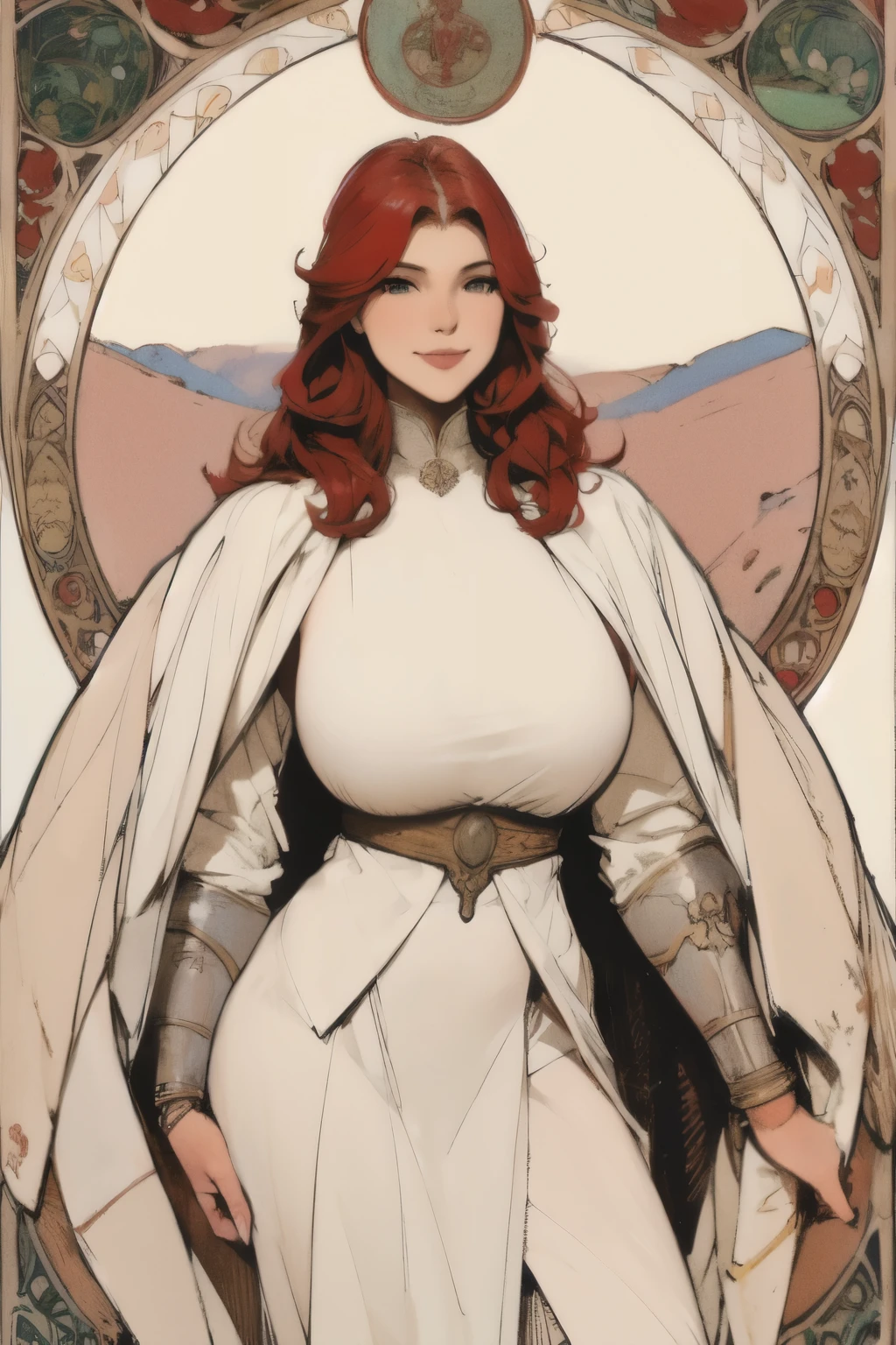 Big-breasted girl with a full view of her pussy,Sexy poses,Arcaniic smile,red hair,background white,(Medieval soldier),(Mucha in the background)