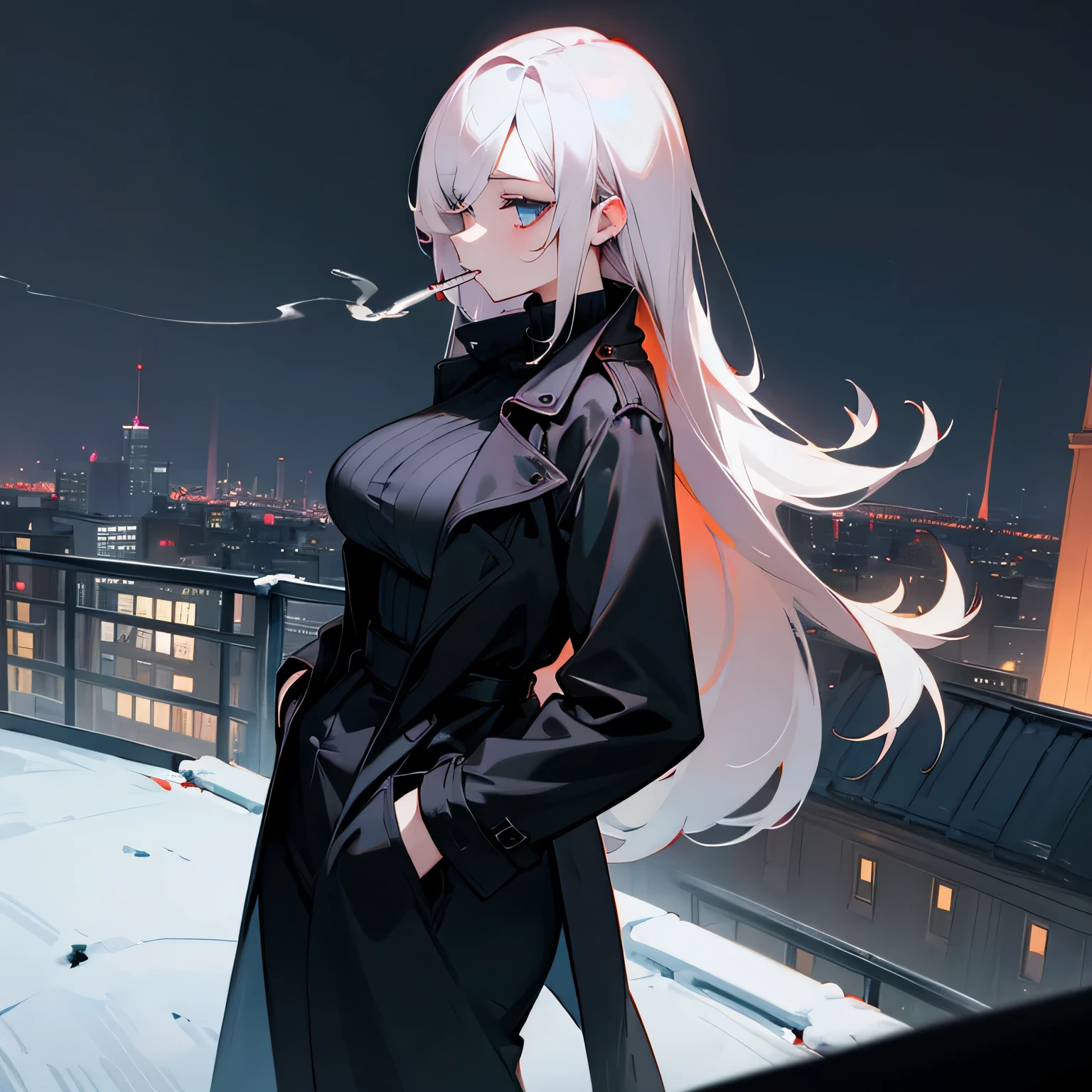 masterpiece, best quality, solo, (yorha no. 2 type b:1.14), (covered eyes:1.05), (portrait:1.1), (upper body:1.1), medium breasts, expressionless, 1girl, solo, (ruffling hair, messy hair:1.1), medium hair, white hair, city background, best quality, ultra detailed, 1girl, solo, standing, medium hair, blunt bangs does not look at the viewer, blindfolded, white shirt, tie,  long black skirt, black gloves