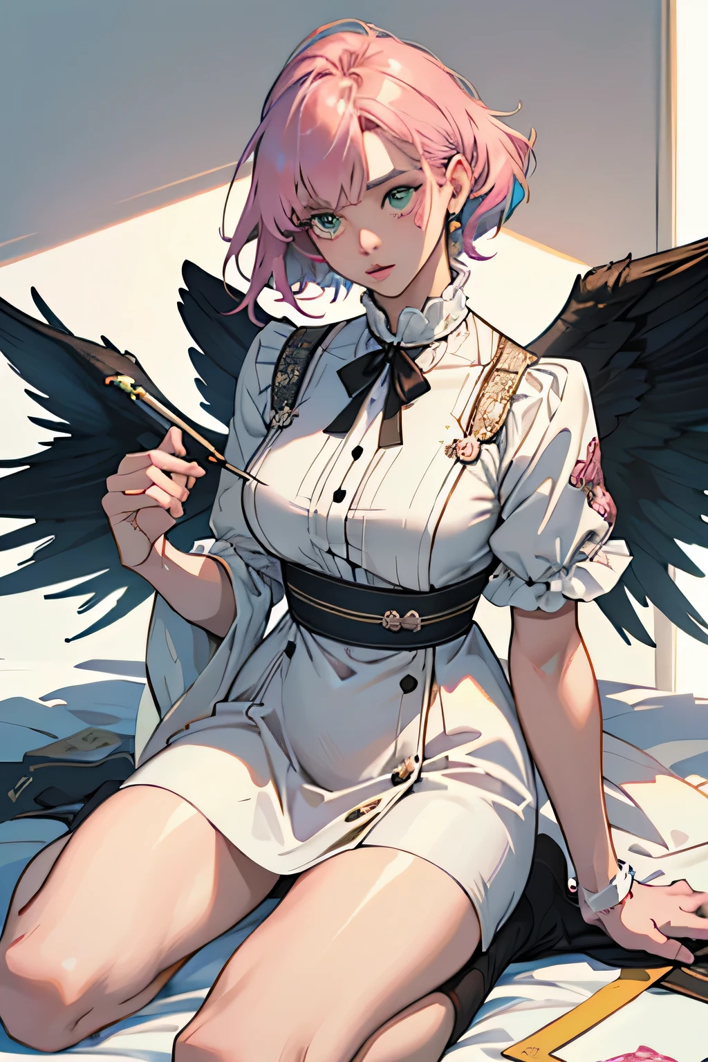 Alisa bosconovitch, melhor qualidade, contemporary, estilo plano, minimalismo, Ilustra??o plana de olhos verdes, cabelo rosa, cabelo curto, cabelos multicoloridos, Camisa Preta, mechanical wings, Close-U head portrait, peito pontudo, decote, super decote, medium breasts, tekken，cabelo rosa pastel, 1 garota, em quimono, hand painted，Desenho de linha sem cor, colorida do yandere pastel, tekken, [Detailed illustrations, Arte baseada em anatomia extremamente ideal, desenhos muito detalhados e detalhados, delicate lines with slowness and urgency, Realistic texture expression],(((Linhas principais coloridas)),(Obras de arte com excelente artesanato),(fundo do parque),[ anime japonesa bonita 14 anos de idade Skinny] cabelo rosa claro, com roupa de empregada，Figura esbelta，robusto，He sat on the floor，Vestido com roupas de empregada rosa e branco，cabelos muito curtos，com orelhas de gato，quadratic element，, kawaii cor-de-rosa na roupa da era de 1910, Alisa Bosconovich&#39;s pink lips, no estilo da paleta de cores suave aurorapunk, an anime illustration of your face, gifs animados, hand drawn animation, charming sketches, suave e brilhante, romantismo nebuloso, Estilo superplano, fundo branco - ar 1:1 - niji 5 - estilo expressivo --s 50
