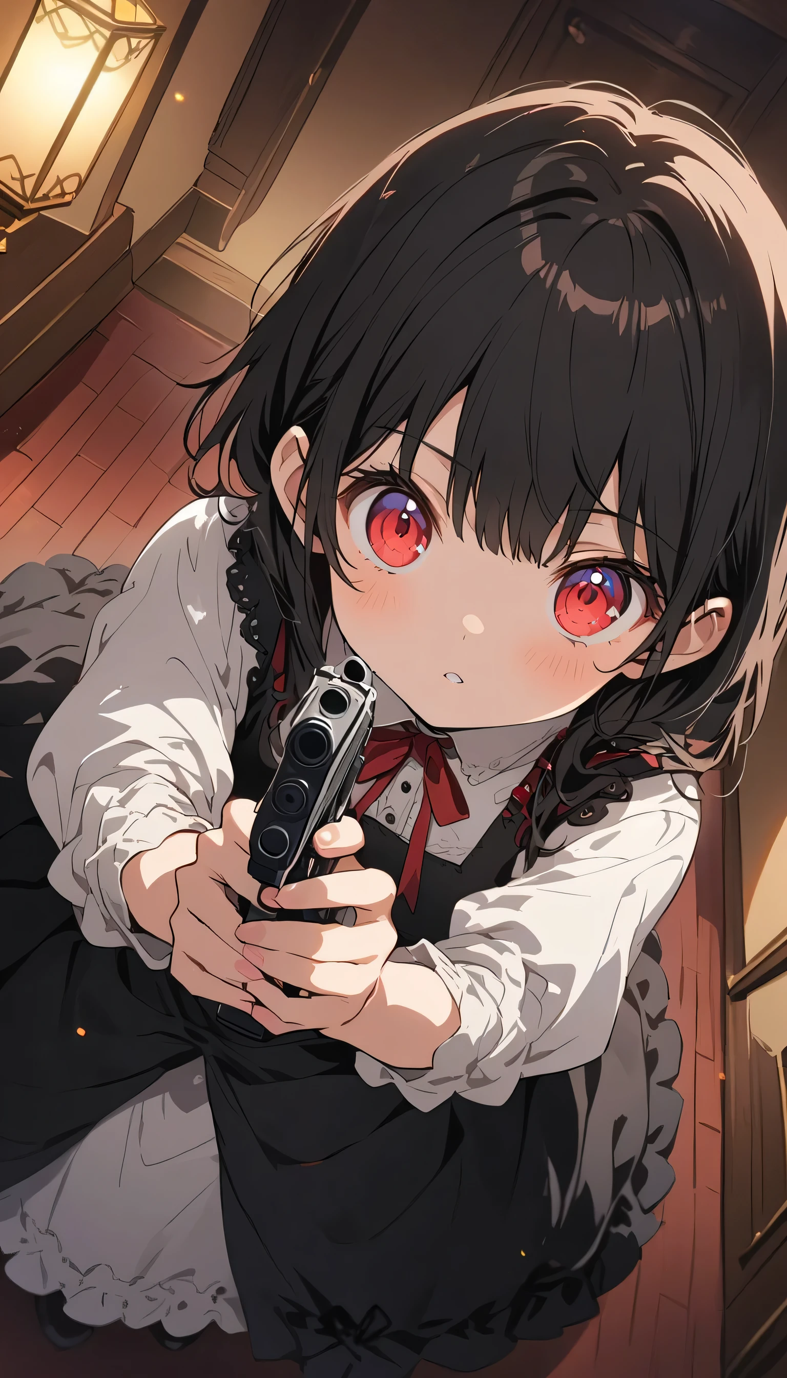 1 beautiful girl、Rin々A funny expression、(black victorian dress:1.4、Formal wear)、(Jewelry decoration)、(familiar:1.2)、(Dual pistols:1.6)、Action pose、Cool pose、Low waist posture、Complex skirt、steampunk、Full Body, (highest quality、masterpiece、High resolution、detailed)、animeスタイル、Flat Style、High saturation、(Beautiful Eyes, Delicate and beautiful face, ),extremely detailed、(The Shining), Best lighting, Best Shadow、Dynamic Angle、anime