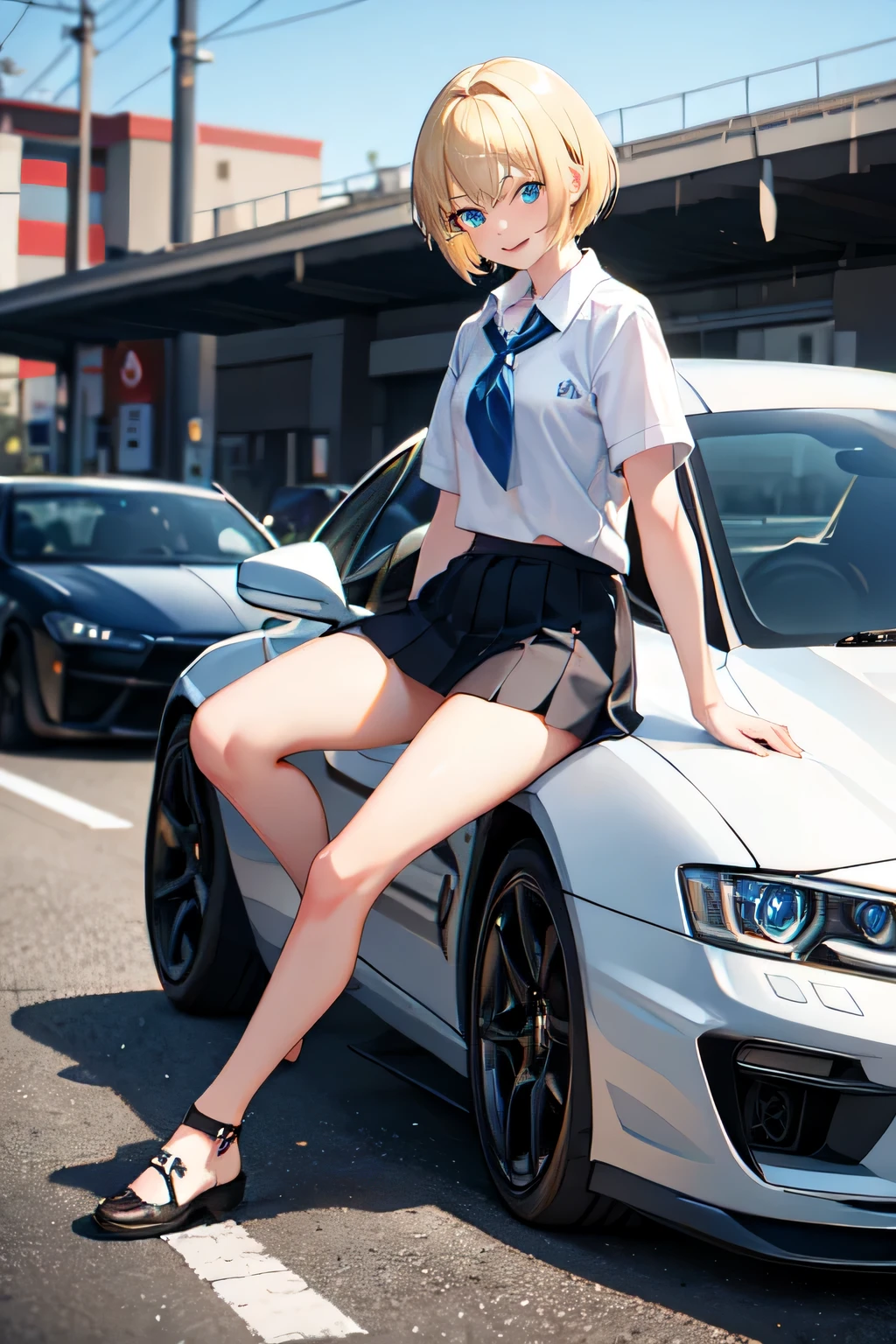 1girl,18y.o,blue eyes,blonde hair,mullet haircut,short hair,senior highschoo outfit,car parking background,happy expression,full body