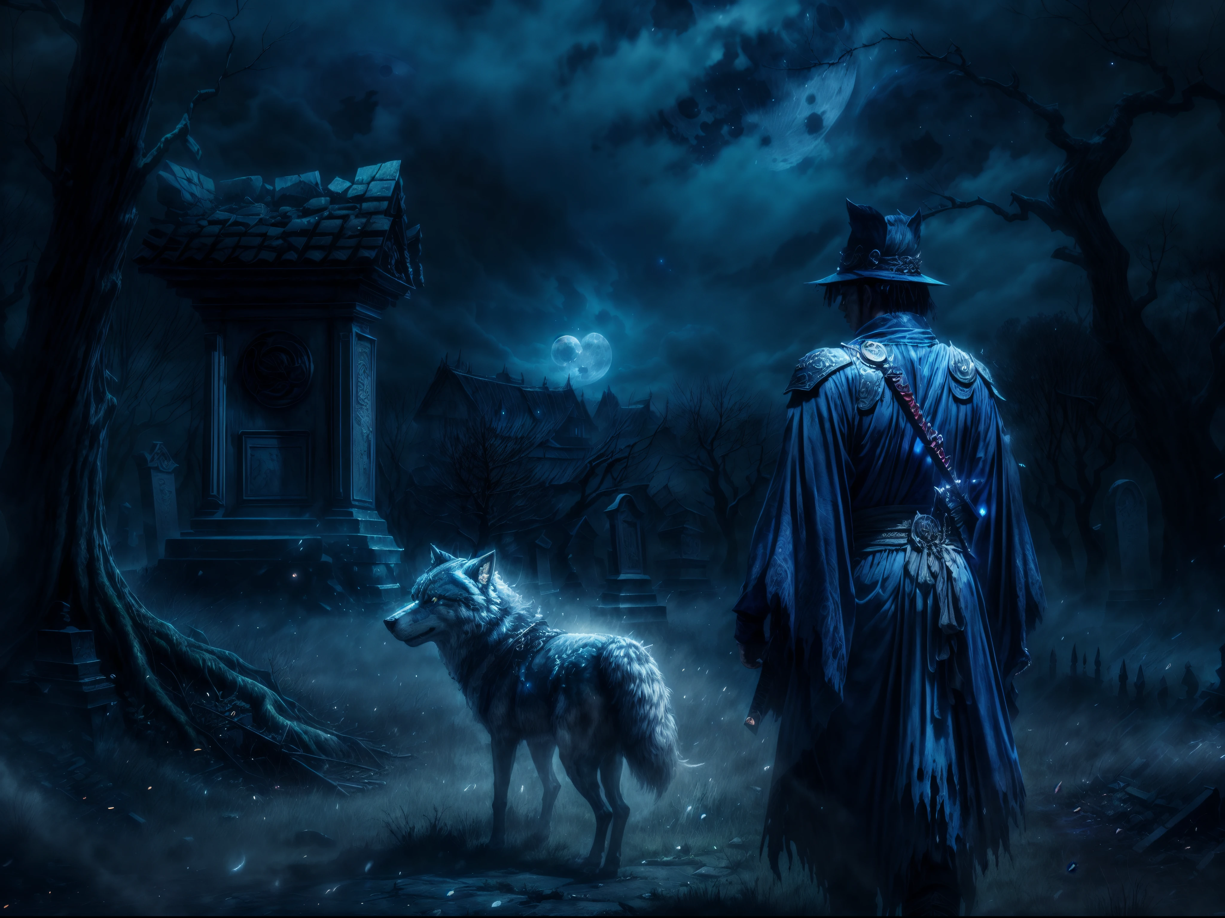 (blue samurai,ghost,walking with a wolf in a haunted village,night sky,full moon,realistic,full HD,best quality),(eerie atmosphere,ethereal ambiance,hauntingly dark),[muted tones],[mysterious shadows],(detailed armor,detailed katana),(intense gaze,stoic expression),[silently],[mystical presence],[whispers of the wind],(ominous mist,creepy fog),(gloomy backdrop,spooky surroundings),(blue spectral light,moonlit glow),(ominous clouds),(ancient trees,crumbling houses),(cracked gravestones,overgrown cemetery),(mysterious symbols),[hidden secrets],[hauntingly beautiful],[majestic landscape],[powerful aura],[unforgettable experience]