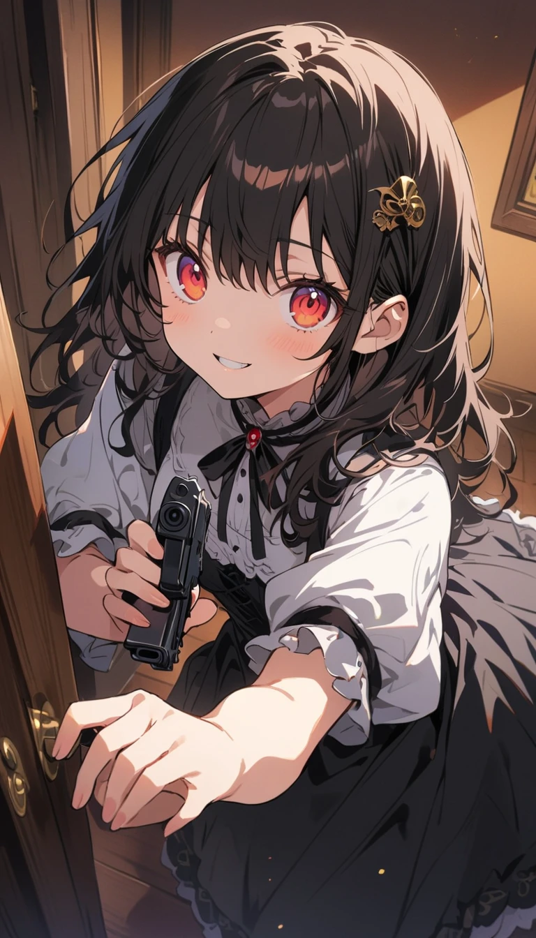 1 beautiful girl、Rin々A funny expression、(black victorian dress:1.4、Formal wear)、(Jewelry decoration)、(familiar:1.2)、(Holding a handgun in both hands、Dual pistols:1.6)、Action pose、Cool pose、Low posture、Complex skirt、steampunk、Full Body, (highest quality、masterpiece、High resolution、detailed)、animeスタイル、Flat Style、High saturation、(Beautiful Eyes, Delicate and beautiful face, ),extremely detailed、(The Shining), Best lighting, Best Shadow、Dynamic Angle、anime