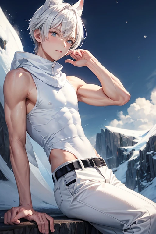 Boy with slim muscular build white sleeveless sweatshirt snow print hare ears bluish white hair white pants black leather belt Alaska background 