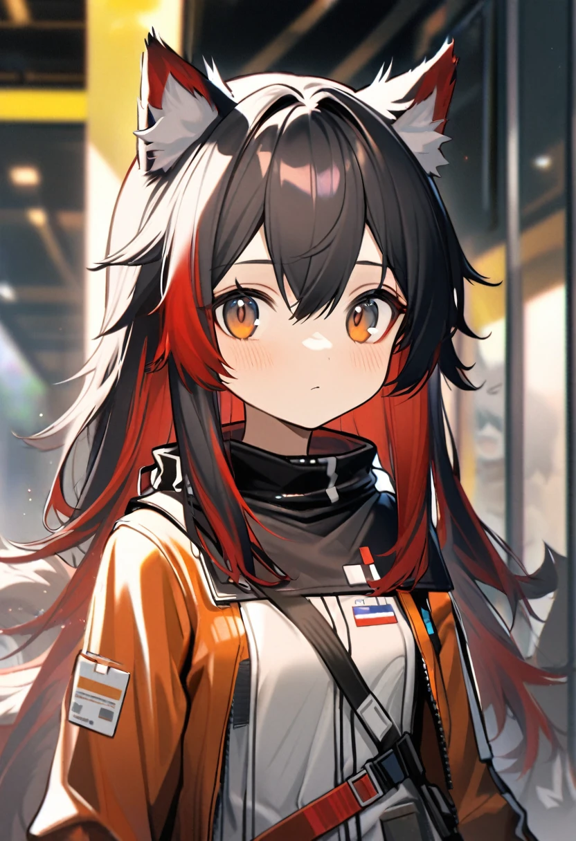 texas (arknights), black ponytail hair, wolf ears, long ponytail hair, wolf ears, bangs, animal ear_fluff, hair between_eyes, multicolored hair, red hair, upper body, two-tone hair, brown eyes, small breast,, chil, petty,