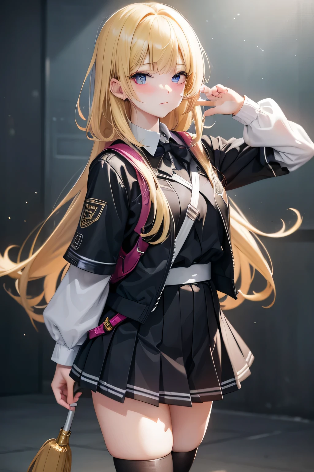 ((1 girl)), Have a smartphone, Latest Trends in Clothing, (hairpin in bangs), younger sister, Pleated skirt, rucksack, Panic look,background_School Area, Surprised face, cute young sister, Cowboy Shot,((Very detailed,highest quality, High resolution, 8k wallpaper, Beautiful clothes,)),((Blonde, Long Hair,Straight hair)), blush , (Crimson Eyes),eye shadow, eyeliner,Glow Eye, Very detailedな目, Beautiful Eyes, 14-year-old girl, Accurate anatomy