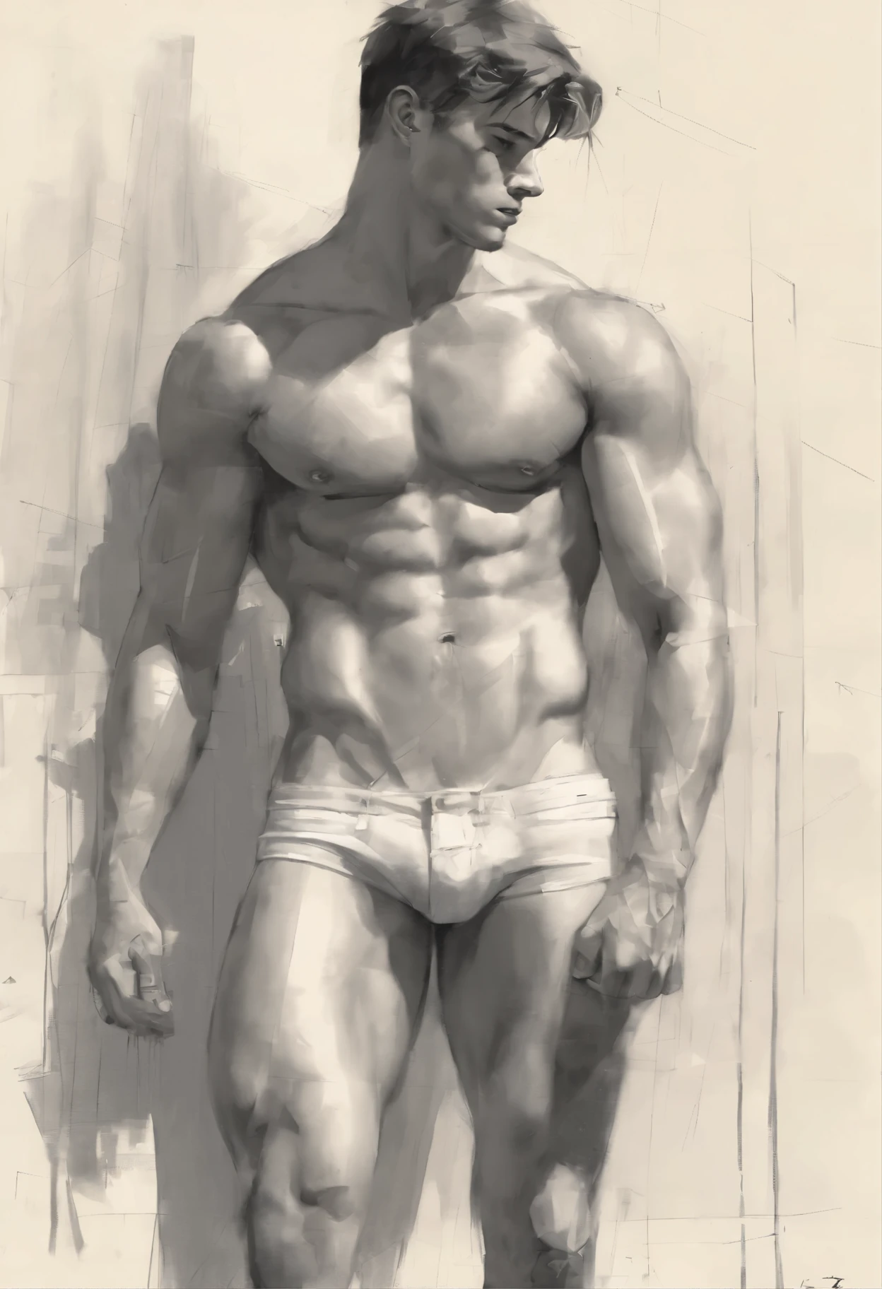 sketch, 20 yo male figure study, young muscle-bound jock, standing, full stocky body, completely naked, totally , , sans clothing, au natural, covering crotch with a white towel, bare butt, crowded gym shower with spraying showers and showering men in background, pastels, by harry bush, James Montgomery Flagg and Lois van Baarle and jim french and rossdraws, detailed realistic eyes, big bare feet, large bulge in crotch, very handsome, beautiful